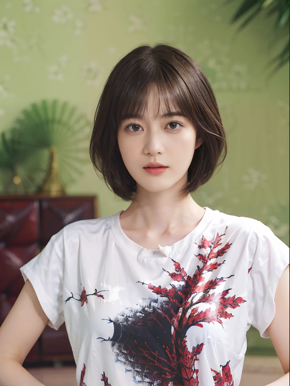 22
(Shorthair:1.3), (a 20 yo woman), (A hyper-realistic), (masutepiece), (8KUHD), Focus on the face, (The walls of the room are fractal art:1.23), 
Graphic T-shirt with anime characters printed
