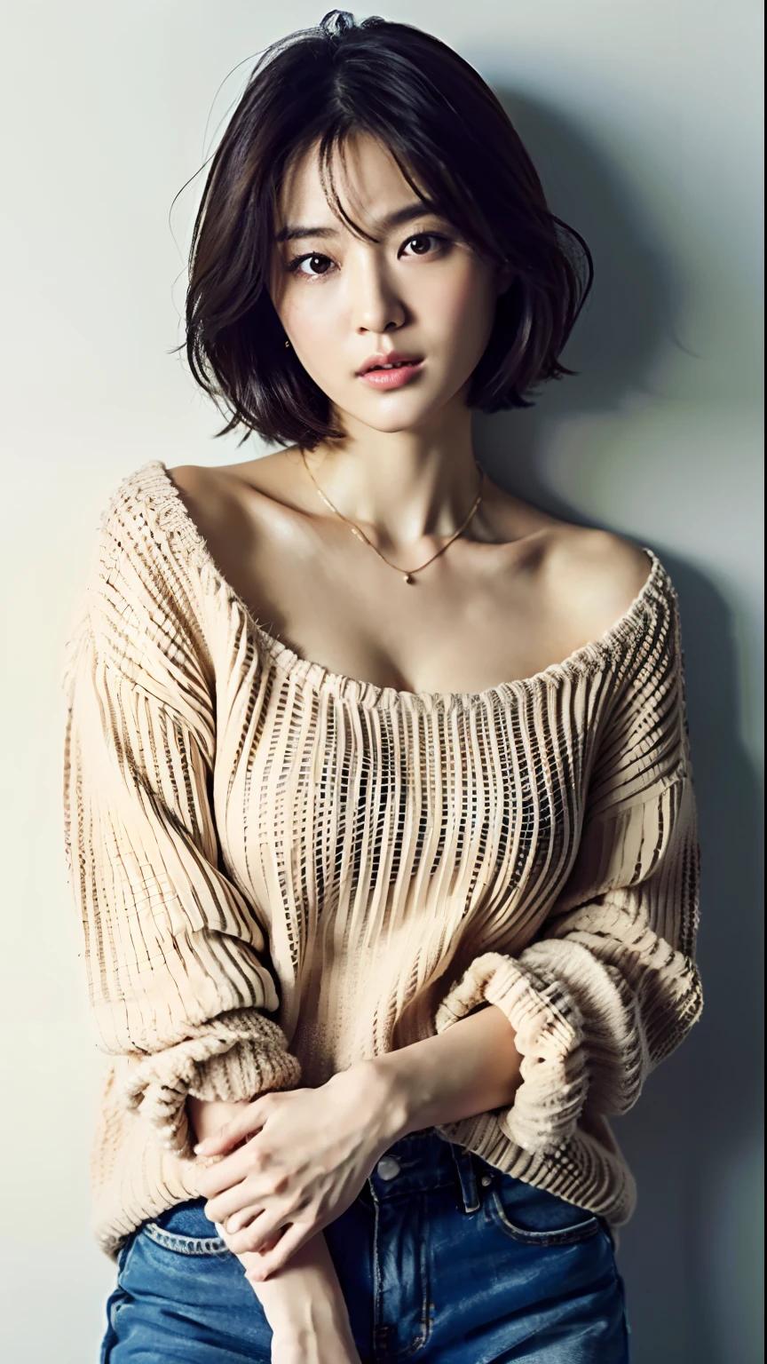 (top-quality、8k、32k、masterpiece、UHD:1.2)、Photo of a cute Japanese woman、large full breasts、very short bobbed hair、Head to toe、sface focus、oversized_sweater、a necklace、simple background、From above、looking at the viewers、denim pant、ultra-sexy、Beautiful Leg Line