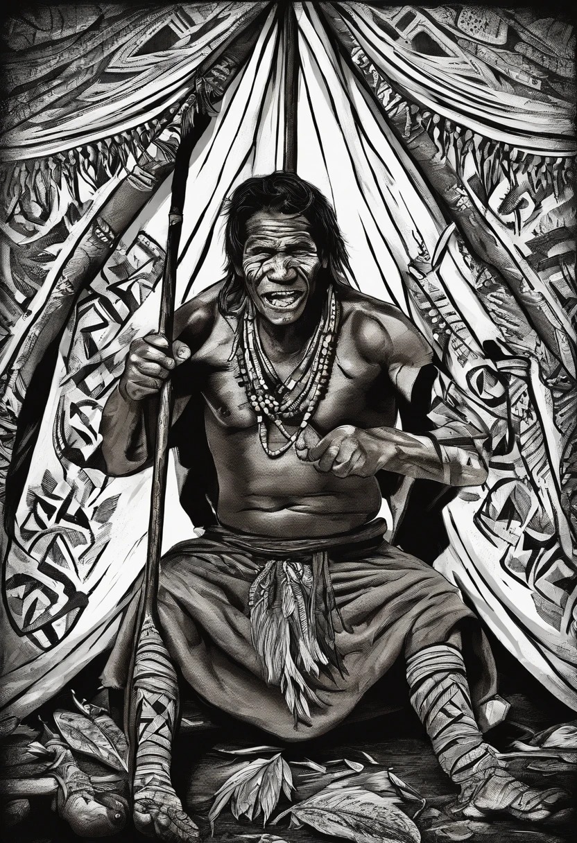 tribal man sharpening arrows with his teeth in a tent in a forest