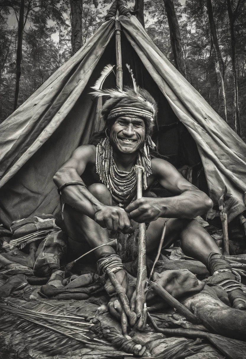 tribal man sharpening arrows with his teeth in a tent in a forest