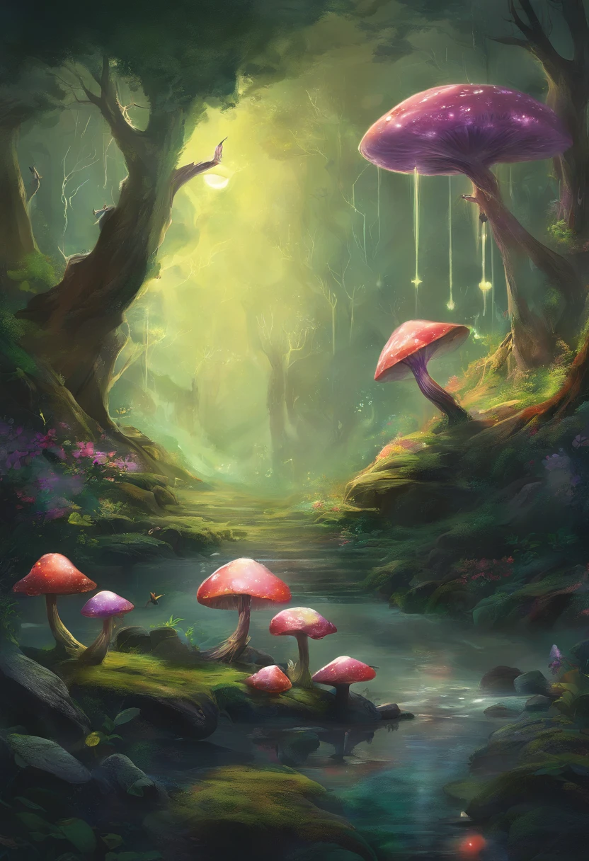 （Enchanted Forest 7，Magical creatures，（glowing mushrooms），sparkling waterfalls，fantasy，Leonora Carrington，a fantasy forest，Hazy perspective，sunlight filtering through the trees，（Glowing sika deer），Rich in color，assignment，light and shadow effect，k hd，tmasterpiece，Detailed details，depth of fields