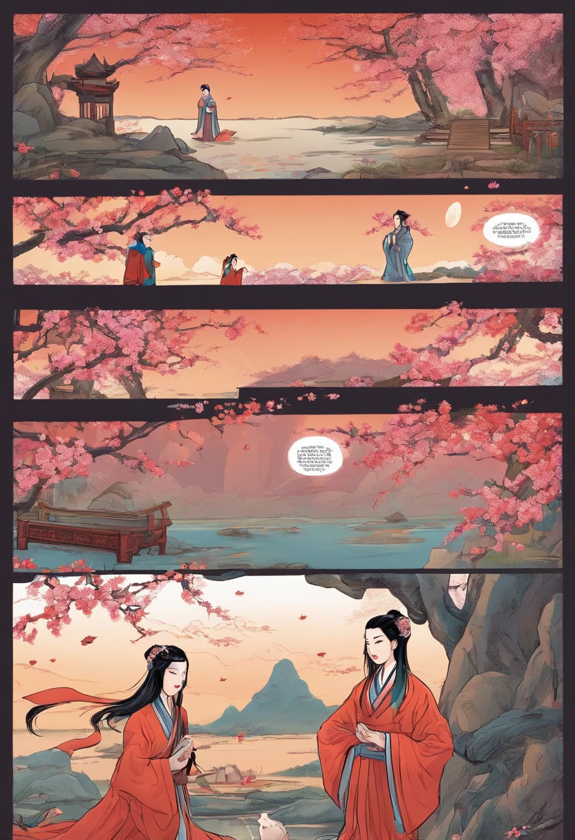 China comics, the comic story is presented in multiple irregular panels with color. The China girl wear hanfu, kneel before the grave, inthe peach blossom season. The style is exaggerated and detailed,classic and sad