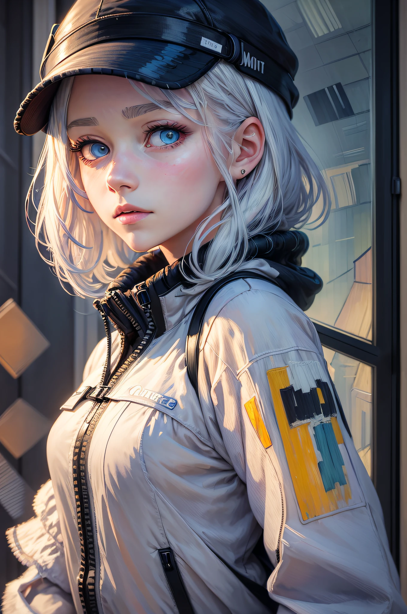 masterpiece, best quality, 4k, UHD, mishoujo, painting, beautiful eyes and detailed face, illustration, beautiful detailed, high resolution illustration, glowing_white_particles, 1girl, white hair, light purple eye, hair over one eye, short sidetail, baseball cap,expressionless, window shade, black jacket, chest rig, cyberpunk, techwear,(Impressionism:1.4), Vincent van Gogh