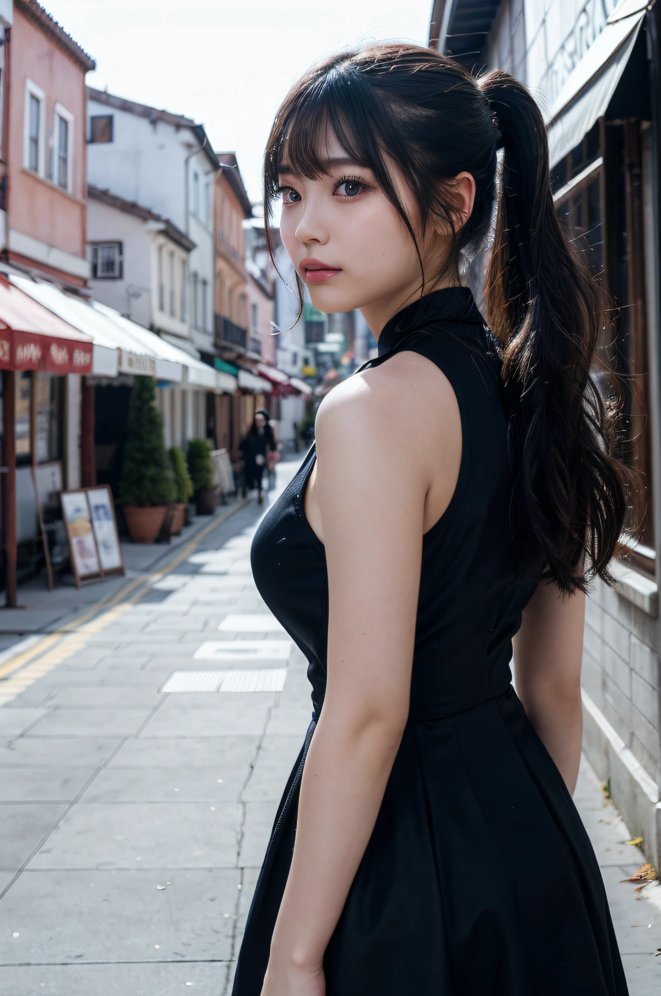((masutepiece)), ((Best Quality)), (Ultra-detailed), ((Extremely detailed)), 4K, (8K), Best Quality, (Beautiful), city, backstreet, Winters, Cute s, 1girl in, Solo, Metal Suit、The costume, poneyTail, Beautiful black hair 0, ((Beautiful eyes)), large full breasts,
