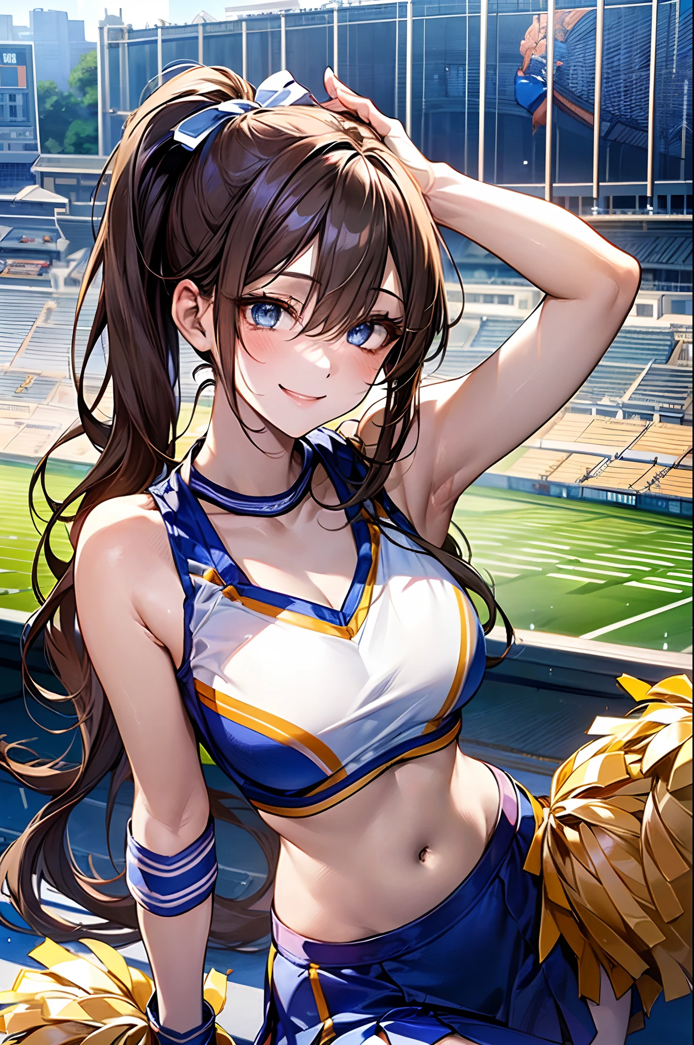 ((Anime style.1.4)))((((Girl with horse ears))))((Uma Musume)) NSFW ((Happy:1.2))(((A girl child))) ((,vaginal,SEX)) ((on the beds)) (Colossal tits) ((Short hair)) (( com on body)) ((Wearing sweat)) (The sheen) (( Whole body)) ,black horse tail,Curta_hair ,Game CG, Blue eyes, Black hair,tongue,masterpiece, best quality, finely detail,highres,1GIRL horse girl, satono diamond \(umamusume\), cheerleader, stadium, jumping, smile, underboob, hands up, one eye closed, sweat, (sweating profusely,:1.2) armpits, thighs,