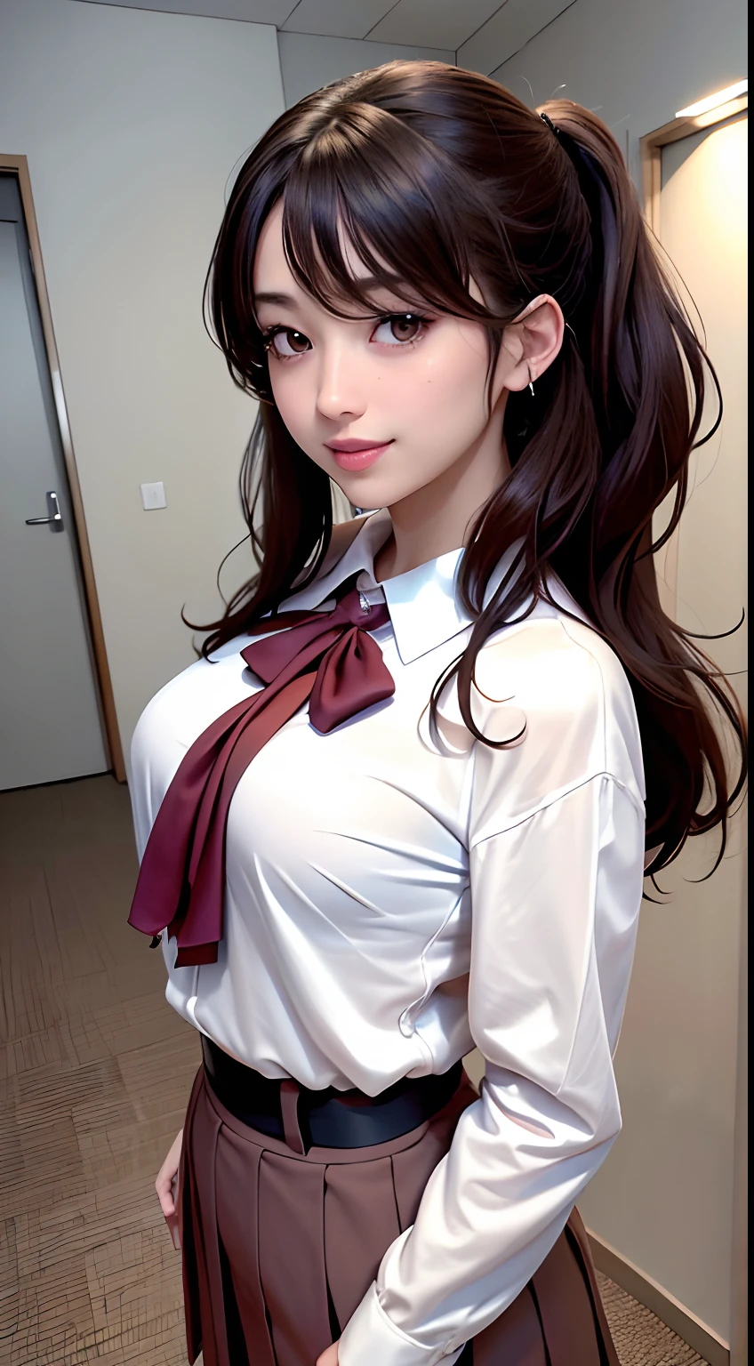 Lying in bed、Imaginary sexy woman smiling and stretching her back in the air, 1girl in, Navel, Solo, Skirt, Blue eyes, tongue, on back, Long hair, Lying, Stomach, Tongue out, breasts, School uniform, neckerchief, Short sleeves, blush, Sweat, Open mouth, Black skirt, Sailor collar, serafuku, on the beds, Pleated skirt, Shirt, Bangs, White shirt, red neckerchief,(((very soaked)))