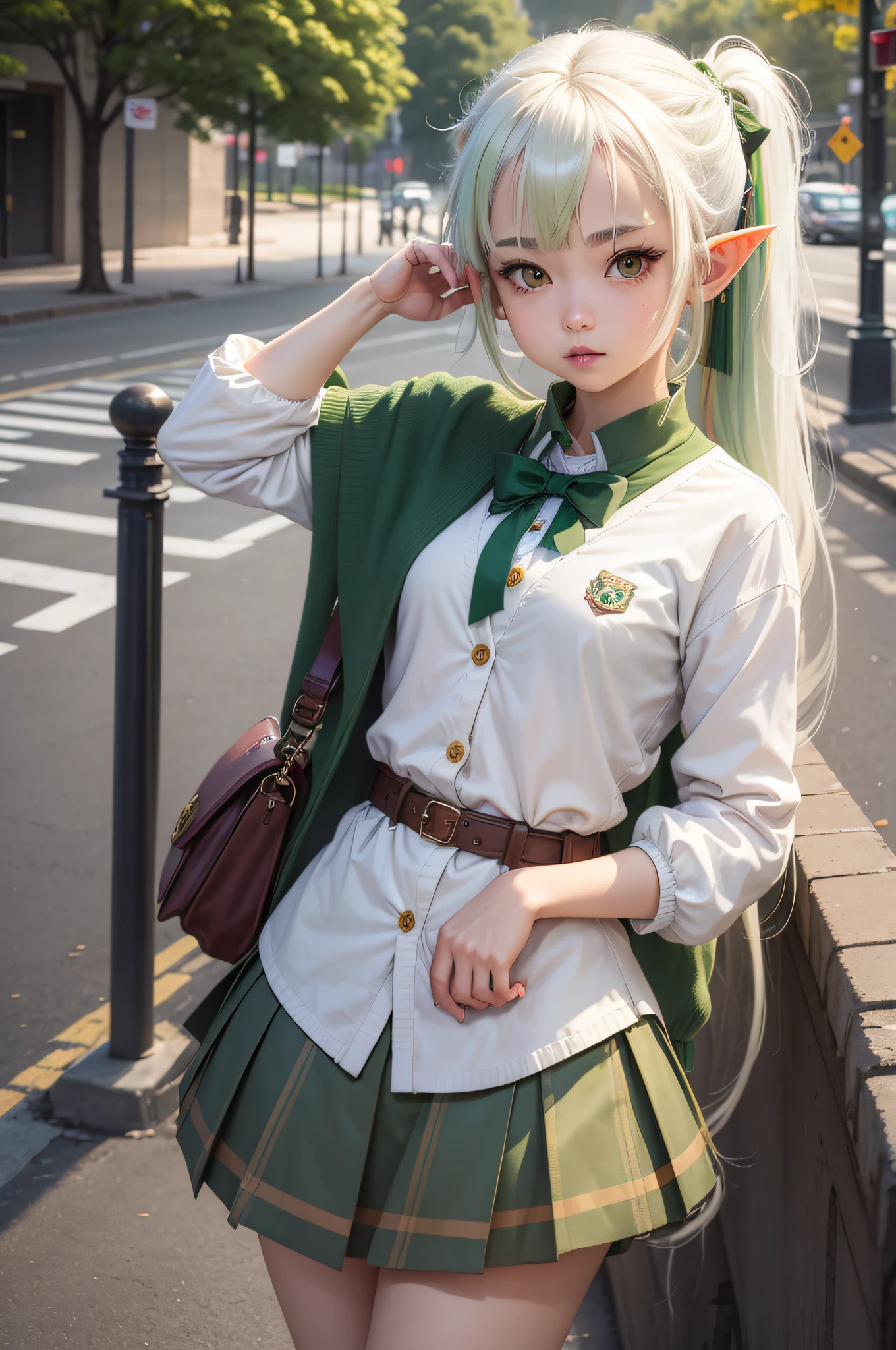 masterpiece , best quality,nahida(genshin impact) ,1girl , small breast,long hair ,side ponytail, hair ornament , white hair , green hair , hand behind head:1.5,multicolored hair, elf , pointy ears , school uniform , skirt ,cardigan,road , street,looking at the viewers