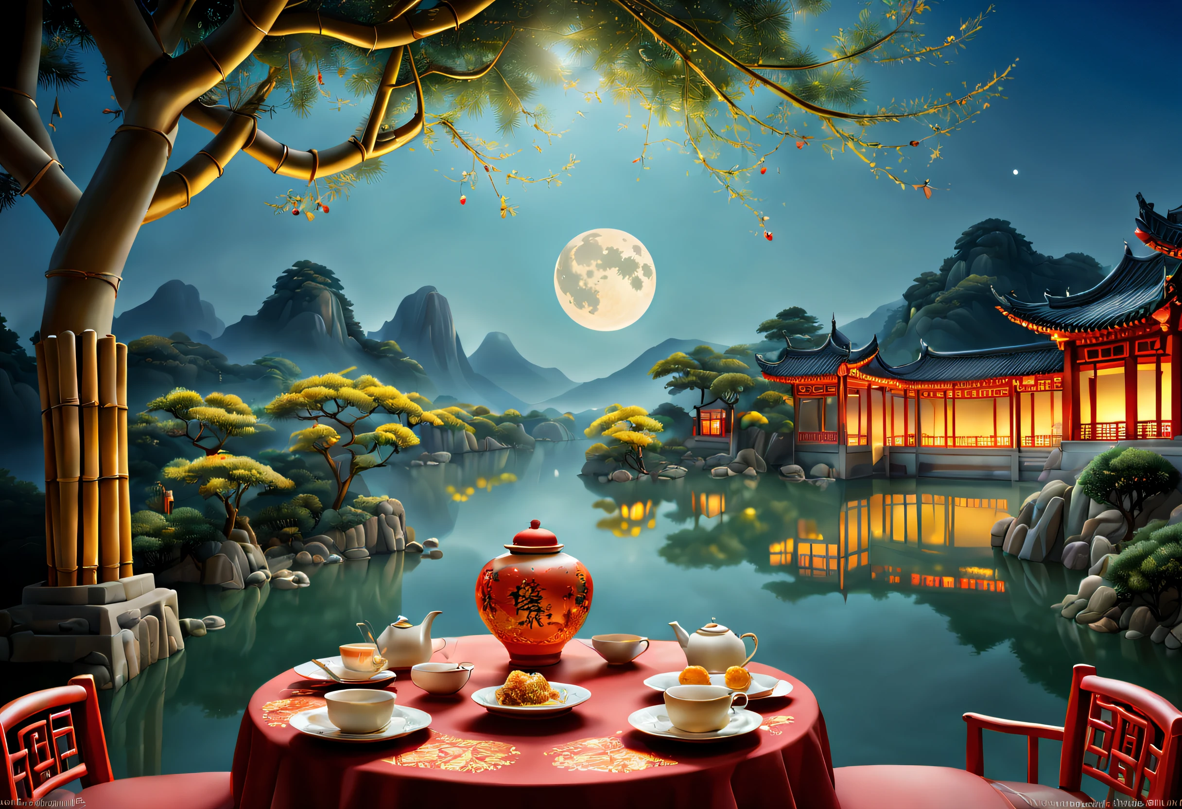 ((Ancient Chinese landscapes，in a panoramic view，Faraway view))，Mid-Autumn Festival，moon full，Glowing moon，A garden overgrown with osmanthus and bamboo forests，There was wine on the table、Tea and mooncakes，nigh sky，Fireworks explosions，starlights，blue backdrop，palaces，sparkler，(A complete painting），（Extremely detailed picture），（light and shadow effect），（Movie lighting），（cinema4d），（Light particle tracing），（rendering by octane），（Layered artistic effects），（Best Painting），（Master painting）,(8K分辨率)，(photorealestic，realisticlying，tmasterpiece，anatomy correct，Accurate perfect korean girl face，1.4x realism，hyper HD)，（The is very detailed，reasonable design，Clear lines，High- sharpness，best qualtiy，offcial art）