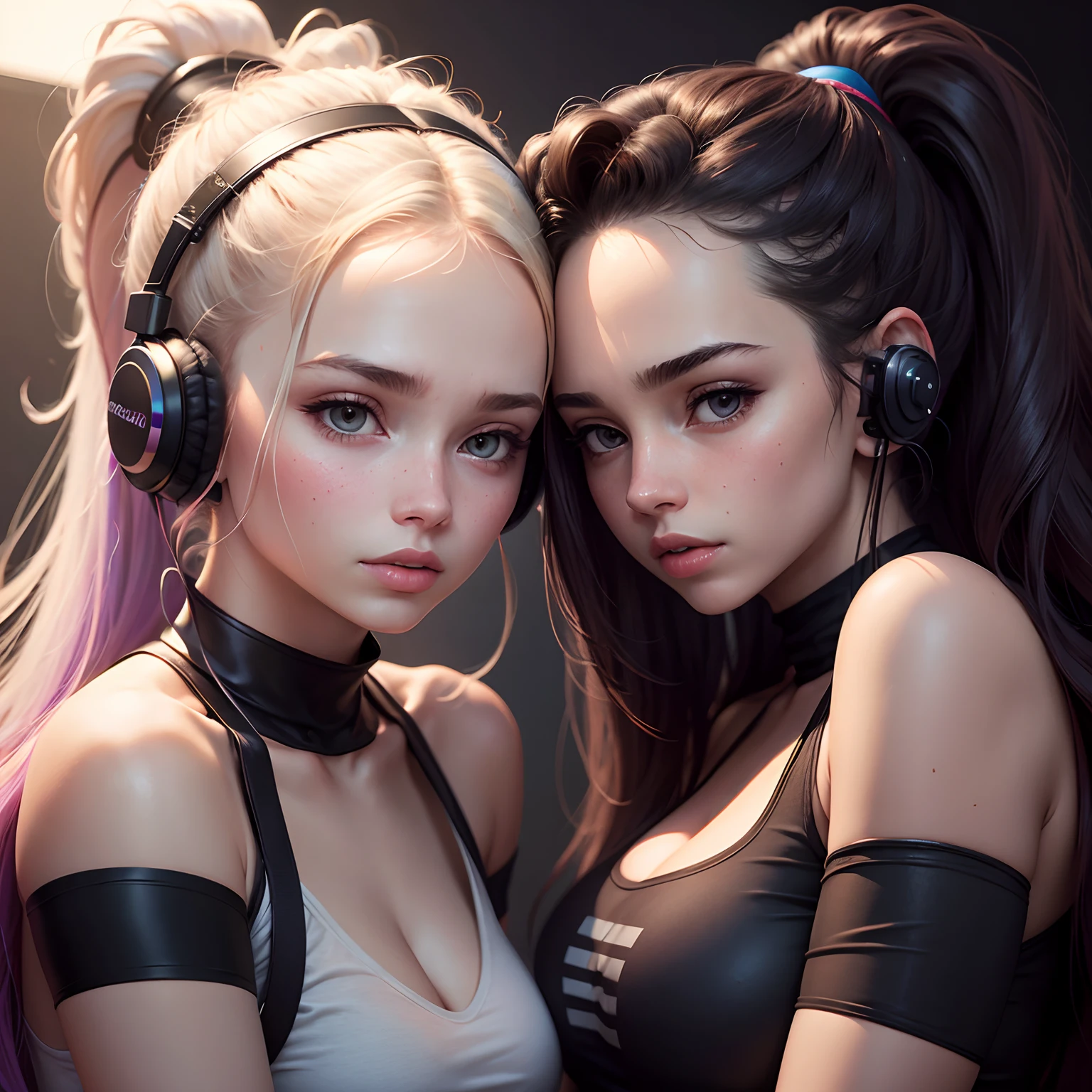 Woman, Two people, Portrait, 18 Years old, face, Headphones, Tight top, Stockings, Mini skirt, Unbuttoned clothes, Ponytail, Galaxy, Cinematic light, Masterpiece, Realism, full body
