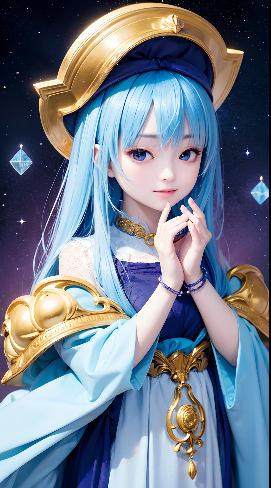 masterpiece、1 beautiful woman、A detailed face、A detailed eye、Detailed skin、Detailed hand、top-quality、Illuminated from the front with bright lighting、profetional lighting、The background is a little blurry、Women are fortune tellers、The background is a spiritual space(Vast Outer Space)、A golden dragon is moving in the background、fantasy worlds、The costume is a fortune teller's cosplay based on blue、Holding a large pink crystal in both hands、Images that seem to be between reality and anime、Wacky hair color(cyan colors)、Woman wearing a face veil、I'm a little overwhelmed.、Facing straight ahead、Eyes closed、Composition from the waist up、Depression、Large crystal stone on background(pinkcolor)、A little dark atmosphere、The Northern Lights are shining、