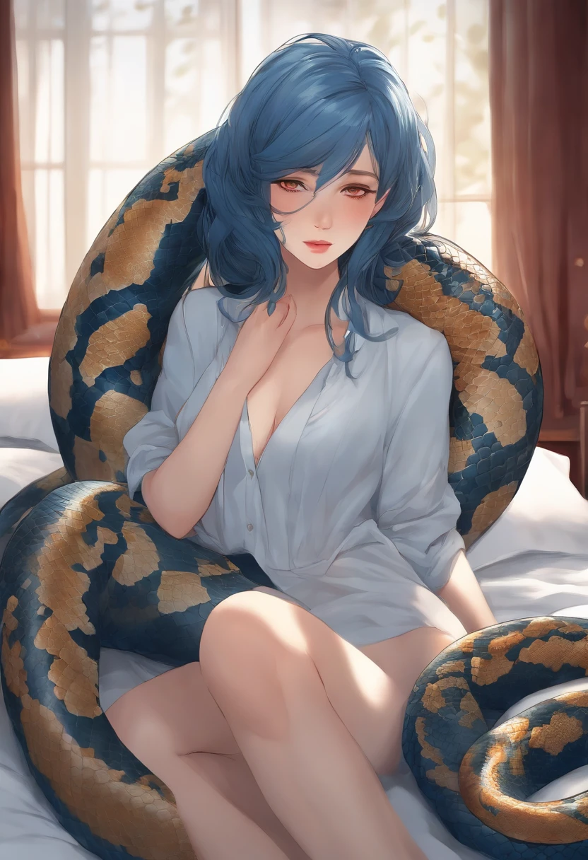 Imagin de cuerpo completo de una chica anime de cabello corto de color azul claro con cuernos y cola de Serpiente recostada en una cama en ropa interior y una mirada tierna y relajada