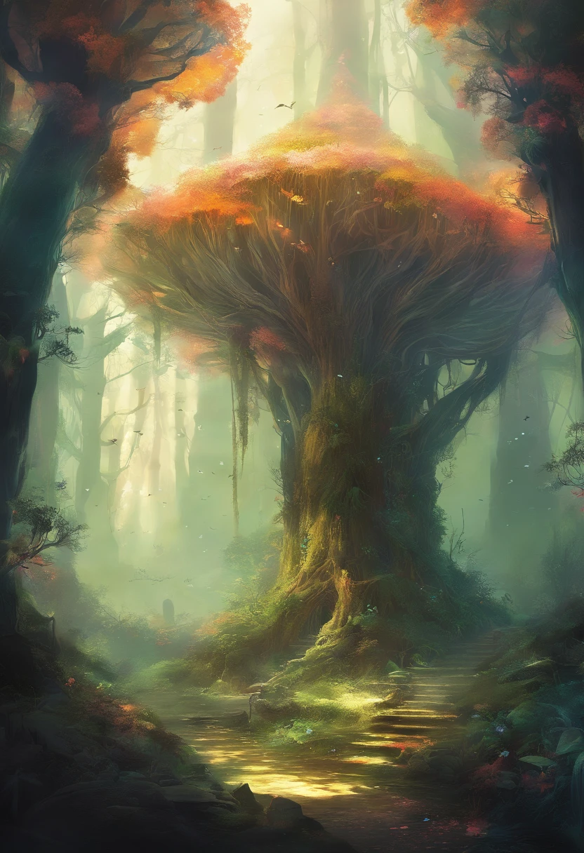 (Enchanted Forest 7,Magical creatures,(glowing mushrooms),sparkling waterfalls,fantasy,Leonora Carrington,a fantasy forest,Hazy perspective,sunlight filtering through the trees,(Glowing sika deer),Rich in color,assignment,light and shadow effect,k hd,tmasterpiece,Detailed details,depth of fields