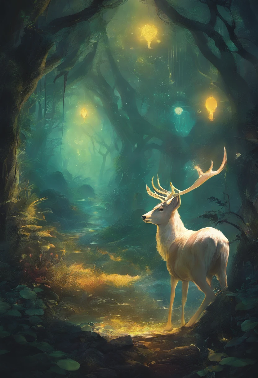 (Enchanted Forest 7,Magical creatures,(glowing mushrooms),sparkling waterfalls,fantasy,Leonora Carrington,a fantasy forest,Hazy perspective,sunlight filtering through the trees,(Glowing sika deer),Rich in color,assignment,light and shadow effect,k hd,tmasterpiece,Detailed details,depth of fields