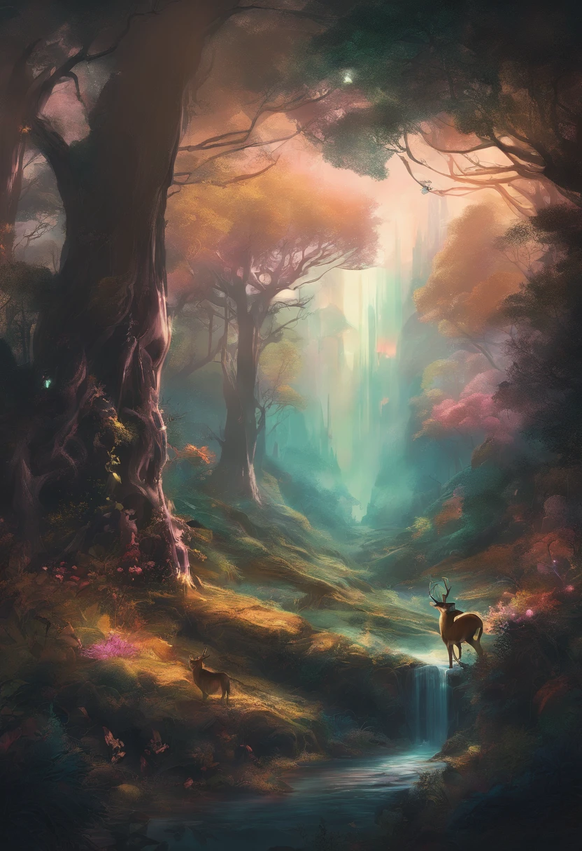 （Enchanted Forest 7，Magical creatures，（glowing mushrooms），sparkling waterfalls，fantasy，Leonora Carrington，a fantasy forest，Hazy perspective，sunlight filtering through the trees，（Glowing sika deer），Rich in color，assignment，light and shadow effect，k hd，tmasterpiece，Detailed details，depth of fields