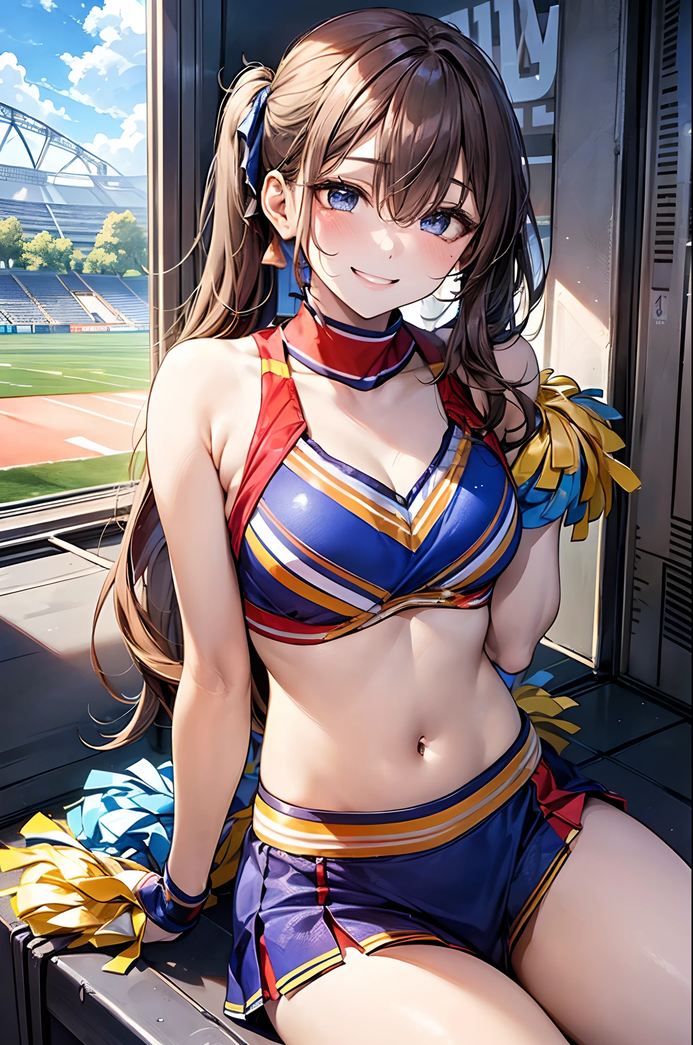 1 girl, japanese, , white skin, medium chest, underboob, watching the view, (adorable smiling:1.5), 
beautiful detailed eyes, blue eyes, (long hair:1.4, bangs, hair between eye, side ponytail:1.7), (navel:1.1), light brown hair, 
beautiful hair, beautiful clavicle, beautiful underboob, beautiful thighs,
(current cheerleader style:1.4), sitting, 
(beautiful scenery), day time, (stadium:1.5), 
(8k, top-quality, masterpiece​), beautiful illustration, cowboy shot, movie lighting,