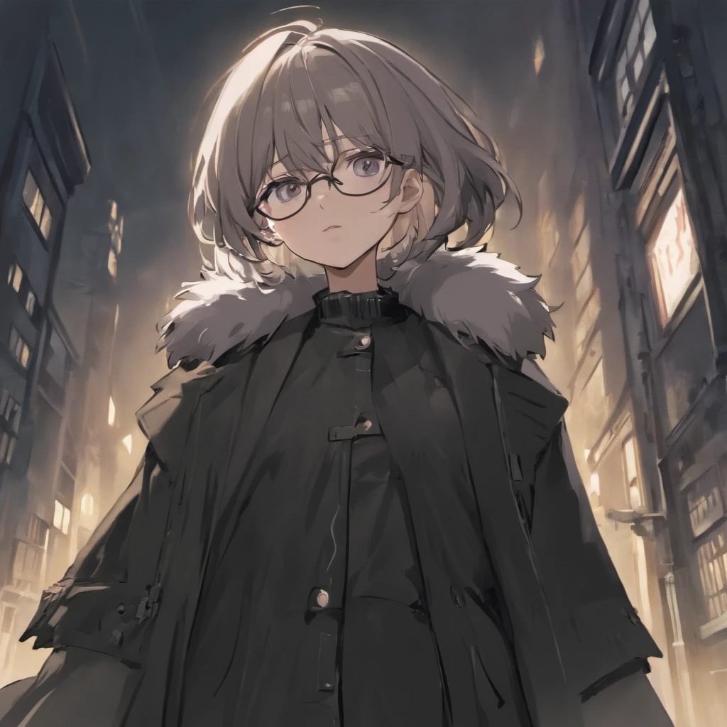 (wearing a black trench coat with grey fur trim), black pants+, (bandolier under coat)+, older adult++, profile picture++, apocalyptic attire, brown hair, (swept to the side hairstyle)++++, male, night sky++, (forest in background), lonely, alone+, anime, shading++++, masterpiece, best quality++++++, (best quality)+, scars, masterpiece+, (rough appearance)+++, (faceplates on side of face)+++, (thick rim glasses)++, (silver eyes), lighting++++, fallout, facing viewer++++