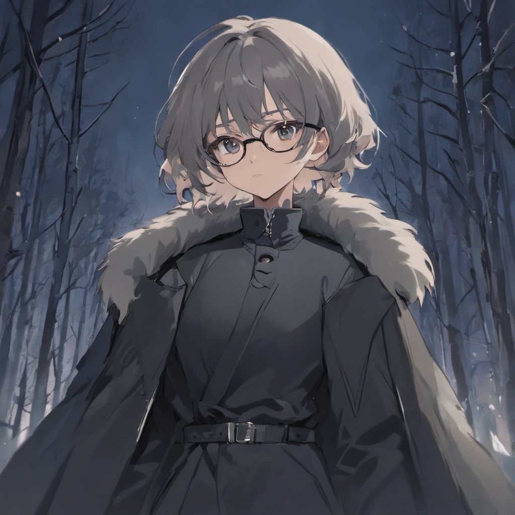 (wearing a black trench coat with grey fur trim), black pants+, (bandolier under coat)+, older adult++, profile picture++, apocalyptic attire, brown hair, (swept to the side hairstyle)++++, male, night sky++, (forest in background), lonely, alone+, anime, shading++++, masterpiece, best quality++++++, (best quality)+, scars, masterpiece+, (rough appearance)+++, (faceplates on side of face)+++, (thick rim glasses)++, (silver eyes), lighting++++, fallout, facing viewer++++