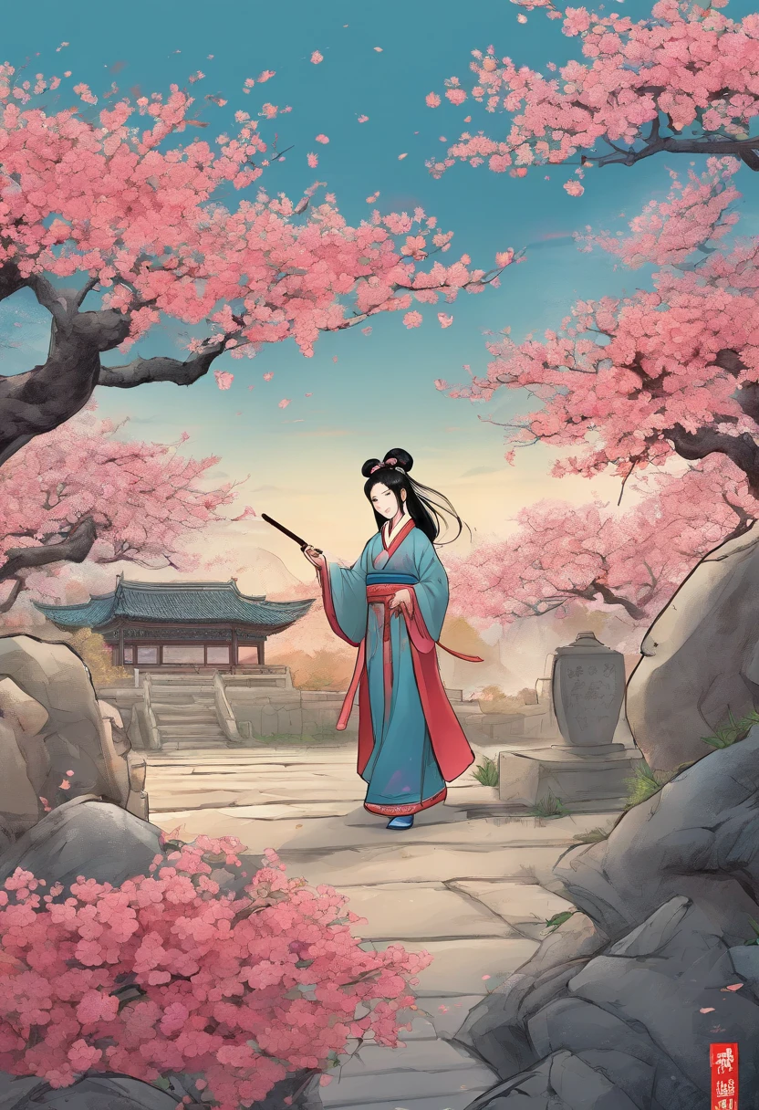 China comics, the comic story is presented in multiple irregular panels with color. the girl wore Hanfu, black hair, had her hair in two buns, and held a sword, kneel before the grave, inthe peach blossom season. The style is exaggerated and detailed,classic and sad