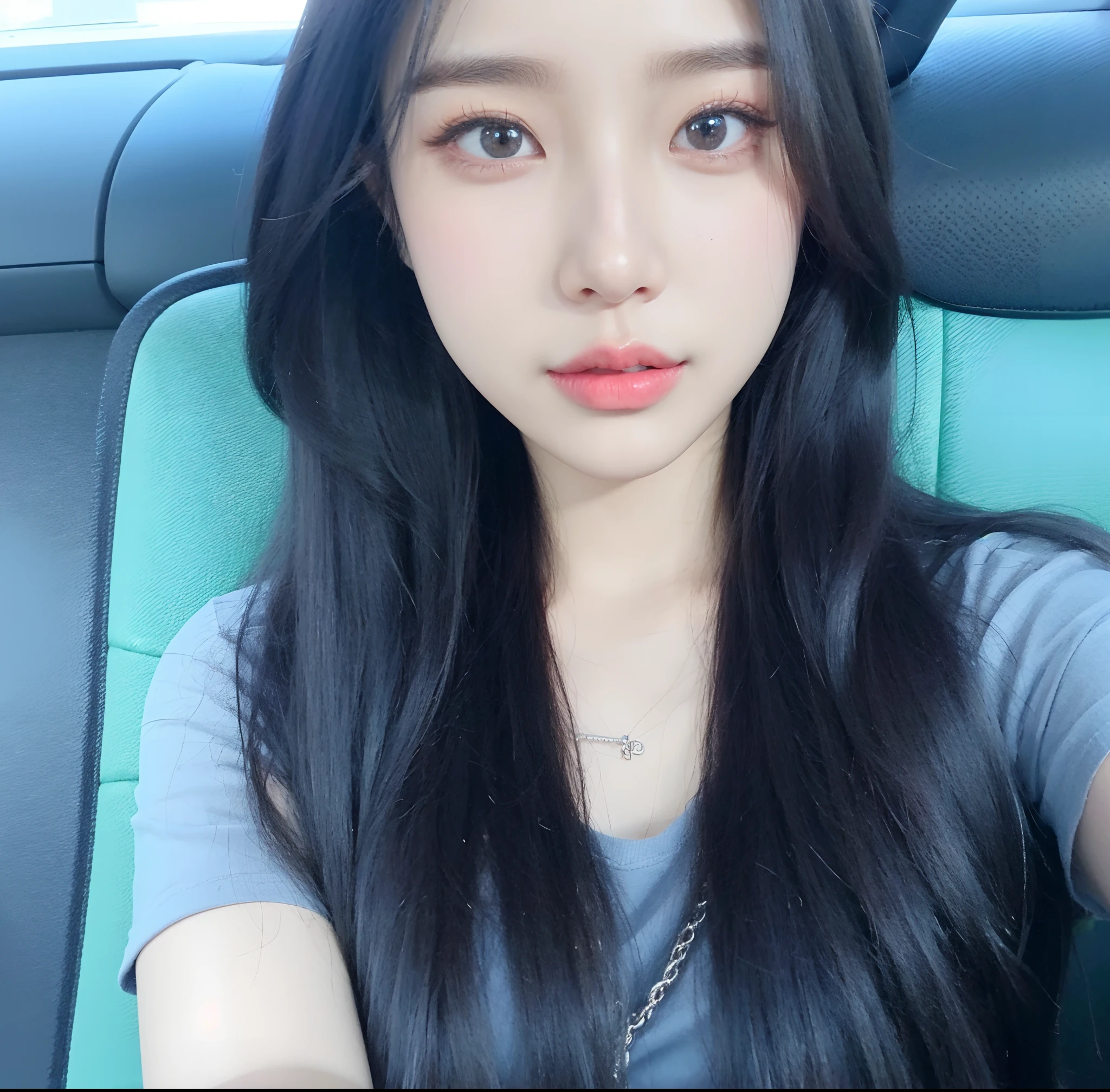 An Arapei woman with long black hair sits in the car, ulzzangs, 8K selfie photos, wan adorable korean face, jisoo from blackpink, jisoo of blackpink, jaeyeon nam, Choi Hyun-hwa, dilraba dilmurat, tzuyu from twice, 8K)), park jimin, beautiful Korean women, sun yunjoo