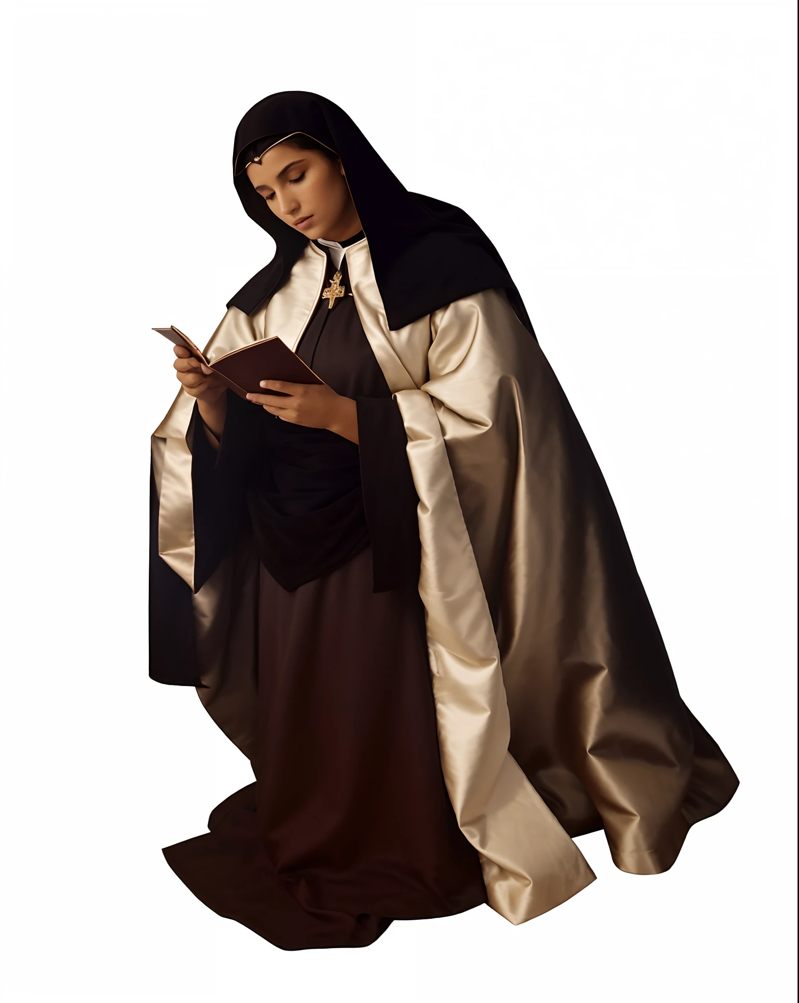 imagem arafed de uma mulher em um manto preto e branco, Bem Modelo de Moda, majestosa mulher de santo, modelo de moda freira olhando para cima, agora, Bem Enxoval, vestes religiosas, inspirado em Francisco de Burgos Mantilla, Directed by: Francisco de Zurbarán, Directed by: Antonio Ciseri, Retrato gracioso santo, vestindo vestes marrons, em vestes escuras com detalhes dourados, 4k