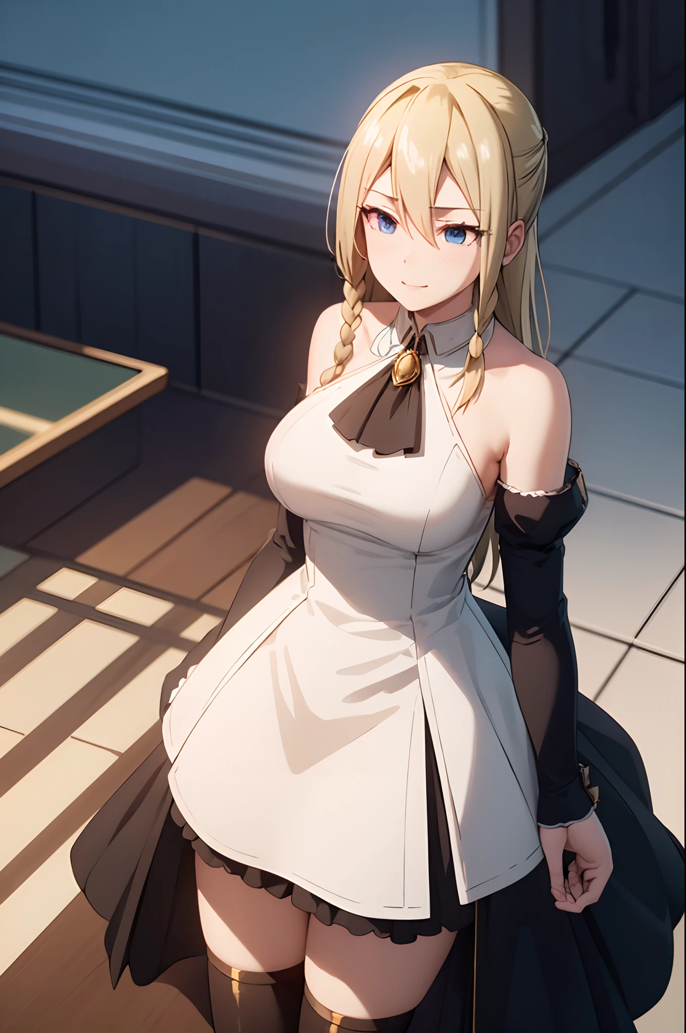 blonde hair, blue eyes,masterpiece, best quality, ultra-detailed, glistening shiny, glowing light, ray tracing, HDR, deph of field, (perfect face, detailed face, detailed eyes,perfect hands,perfect fingers), 8k,HD,ultra realistic face,ray tracing,perfect lighting,best quality, ultra-detailed, looking at viewer, blush, smile, aasato, long hair, half updo, braid, hair between eyes, ear ornament, horse tail, breasts, frills, black ascot, green dress, (sleeves past wrists:1.2), black thighhighs,