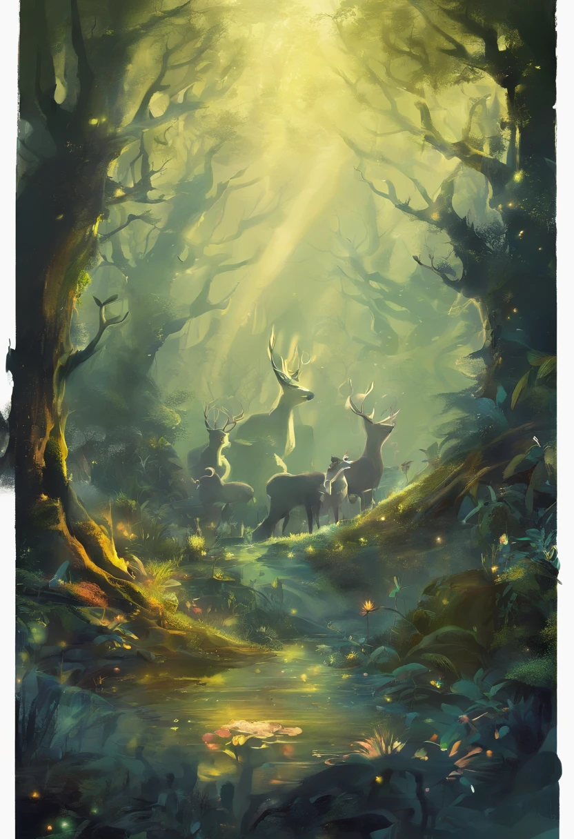 (Enchanted Forest 7,Magical creatures,(glowing mushrooms),sparkling waterfalls,fantasy,Leonora Carrington,a fantasy forest,Hazy perspective,sunlight filtering through the trees,(Glowing sika deer),Rich in color,assignment,light and shadow effect,k hd,tmasterpiece,Detailed details,depth of fields