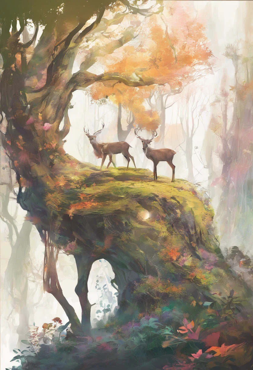 （Enchanted Forest 7，Magical creatures，（glowing mushrooms），sparkling waterfalls，fantasy，Leonora Carrington，a fantasy forest，Hazy perspective，sunlight filtering through the trees，（Glowing sika deer），Rich in color，assignment，light and shadow effect，k hd，tmasterpiece，Detailed details，depth of fields