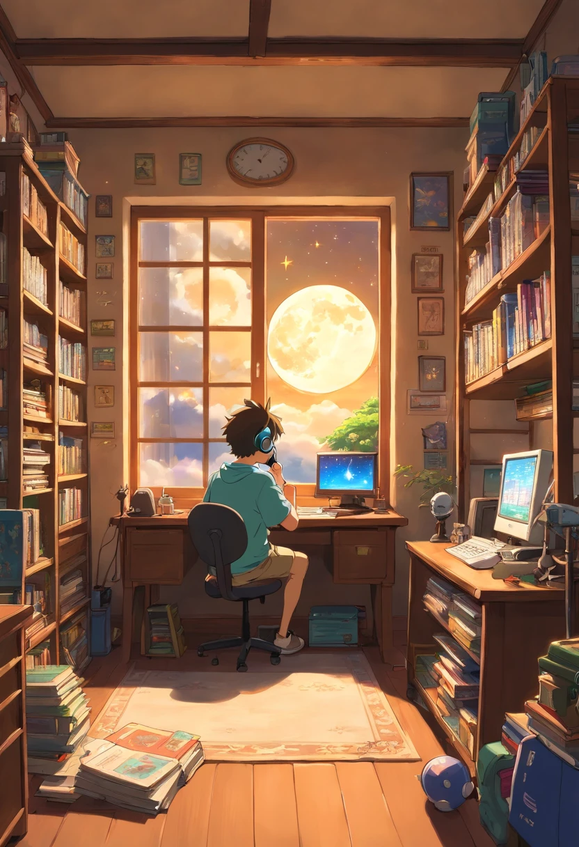 (masterpiece) Studio Ghibli Style, a boy studying sitting in his room, over his desk, with headphones on, nerd decoration, video game on shelves on the wall, posters, Nintendo, 90's psone, window showing the moon and stars, calm, peacefull, thinking, stunning light