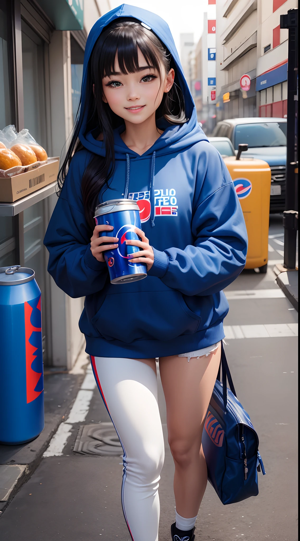 Alafe in blue hoodie with Pepsi can and drink, Wearing a blue hoodie, girl wearing hoodie, Blue Hoodie, wearing an oversized hoodie, wearing a neon blue hoodie, Wearing hoodie, oversized hoodie, Wearing a hoodie, japanese streetwear, Wearing a hoodie and sweatpants, black haired girl wearing hoodie, ulzzangs, in a hoodie, 🤤 girl portrait,"Please create an illustration of a happy smiling woman holding Pepsi。She is brightly dressed and、I hold a glass with the Pepsi logo in my hand。The background should be bright and cheerful。”