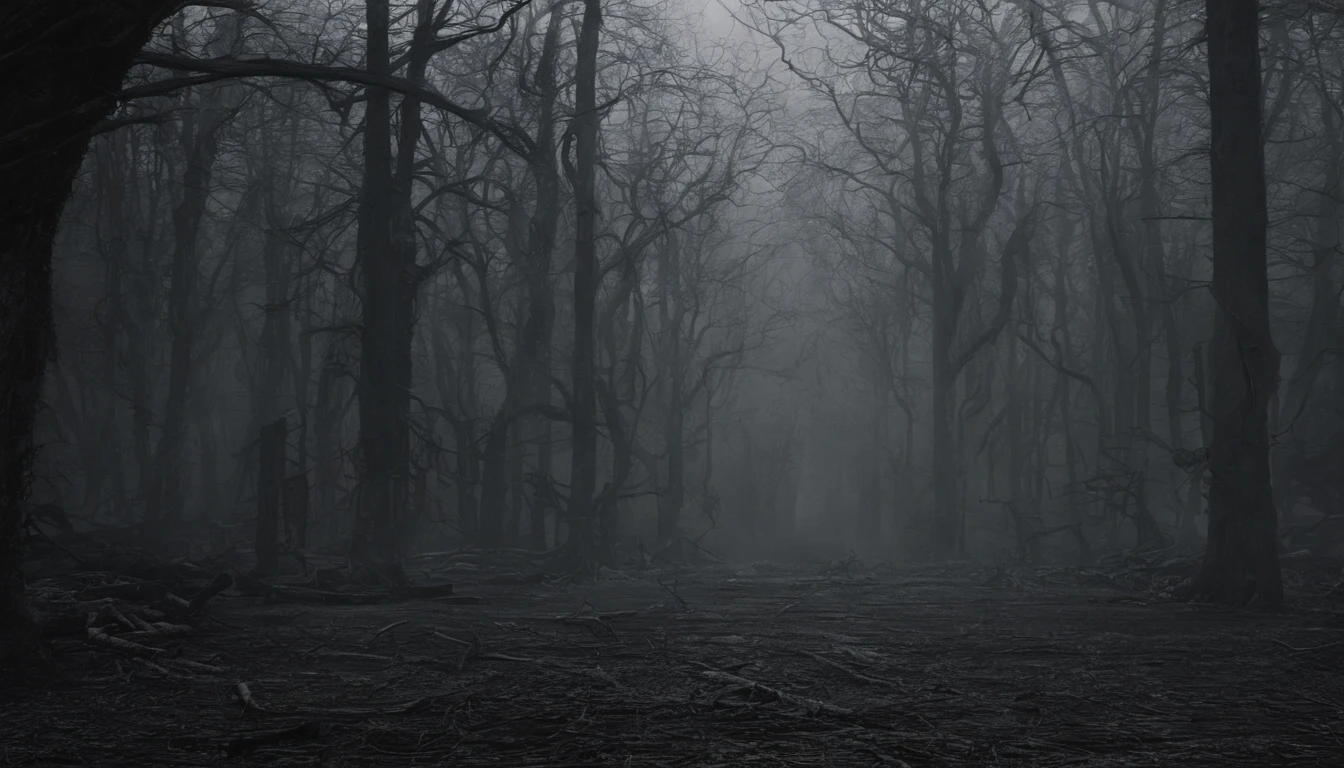 Generar una imagen que capture la esencia de un pueblo tranquilo envuelto por el presentimiento, Shady forests, evoking a sense of mystery