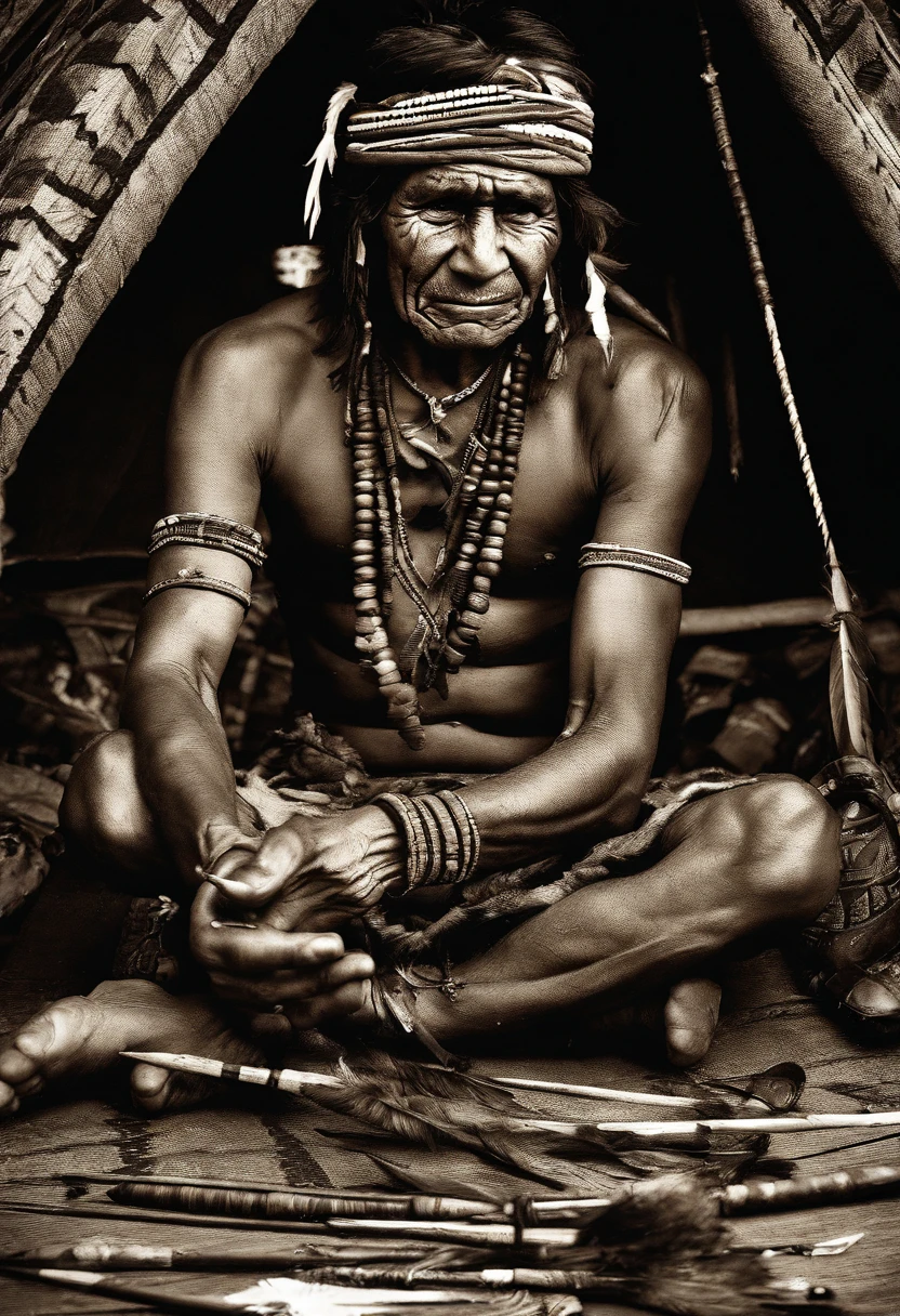 a native indian sharpening arrows with his teeth in a tent