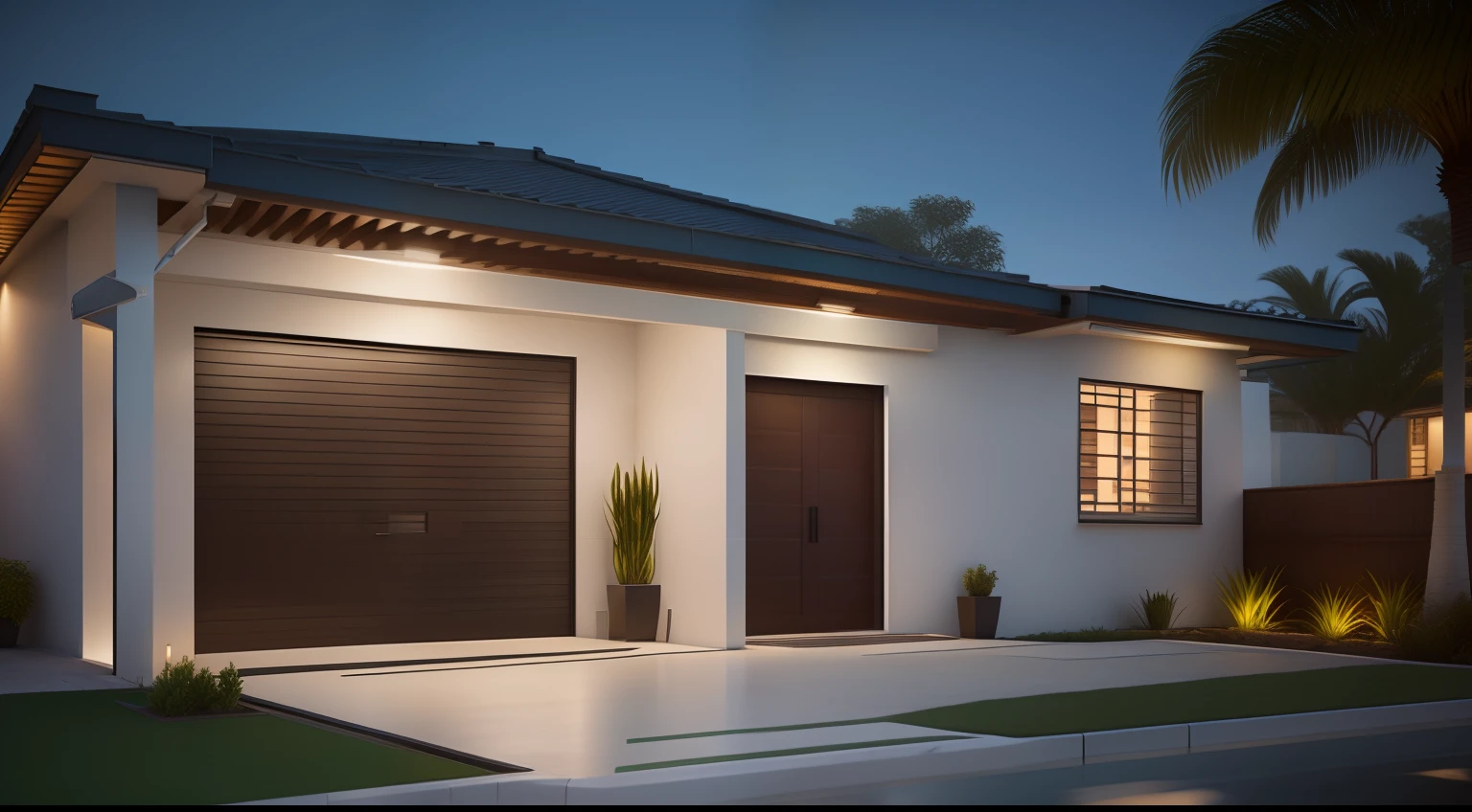There's a garage with a plant in front of it, lumion rendering, architectural 3 d render, night time render, renderizado no lumion pro, professional render, render 3d bem iluminado, architectural visualisation, lumion rendering, photorealistic 3d render, photorealistic 3d render, award winning render, Photorealistic rendering, high-quality render