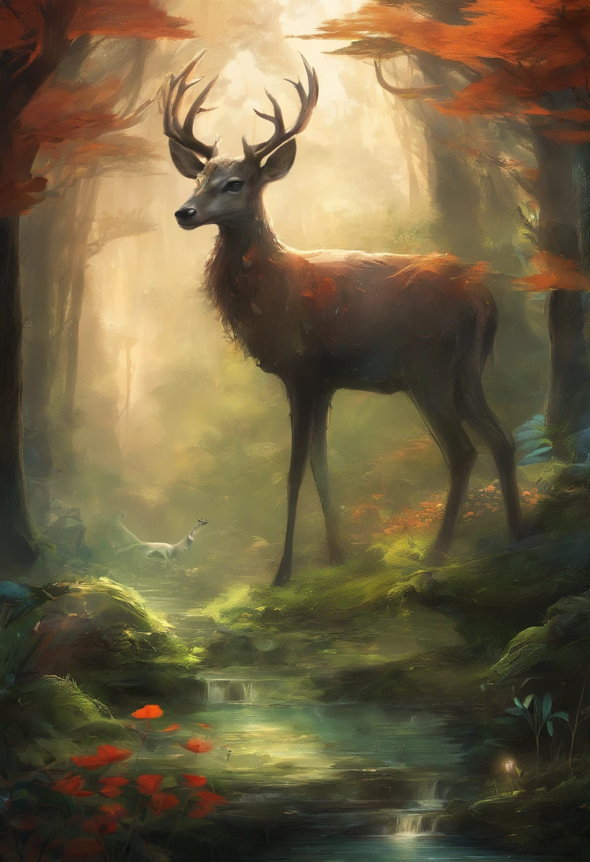 (Enchanted Forest 7,Magical creatures,(glowing mushrooms),sparkling waterfalls,fantasy,Leonora Carrington,a fantasy forest,Hazy perspective,sunlight filtering through the trees,(Glowing sika deer),Rich in color,assignment,light and shadow effect,k hd,tmasterpiece,Detailed details,depth of fields