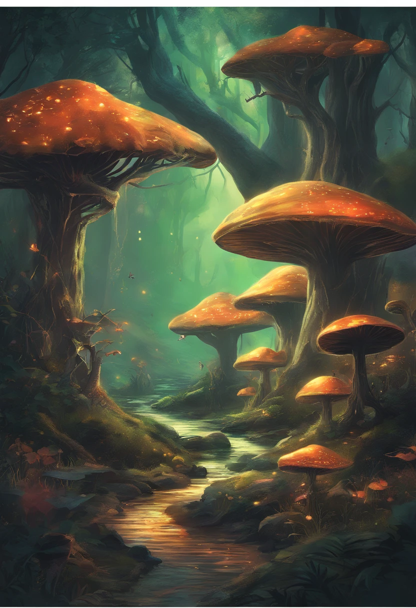 (Enchanted Forest 7,Magical creatures,(glowing mushrooms),sparkling waterfalls,fantasy,Leonora Carrington,a fantasy forest,Hazy perspective,sunlight filtering through the trees,(Glowing sika deer),Rich in color,assignment,light and shadow effect,k hd,tmasterpiece,Detailed details,depth of fields