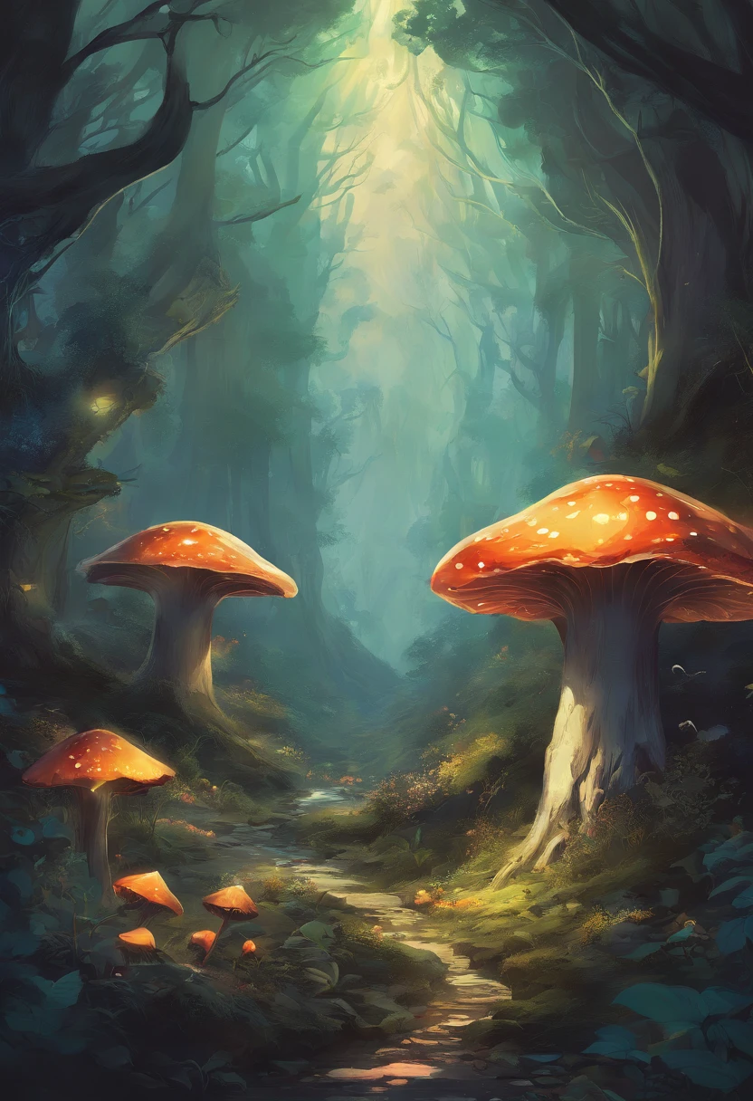（Enchanted Forest 7，Magical creatures，（glowing mushrooms），sparkling waterfalls，fantasy，Leonora Carrington，a fantasy forest，Hazy perspective，sunlight filtering through the trees，（Glowing sika deer），Rich in color，assignment，light and shadow effect，k hd，tmasterpiece，Detailed details，depth of fields