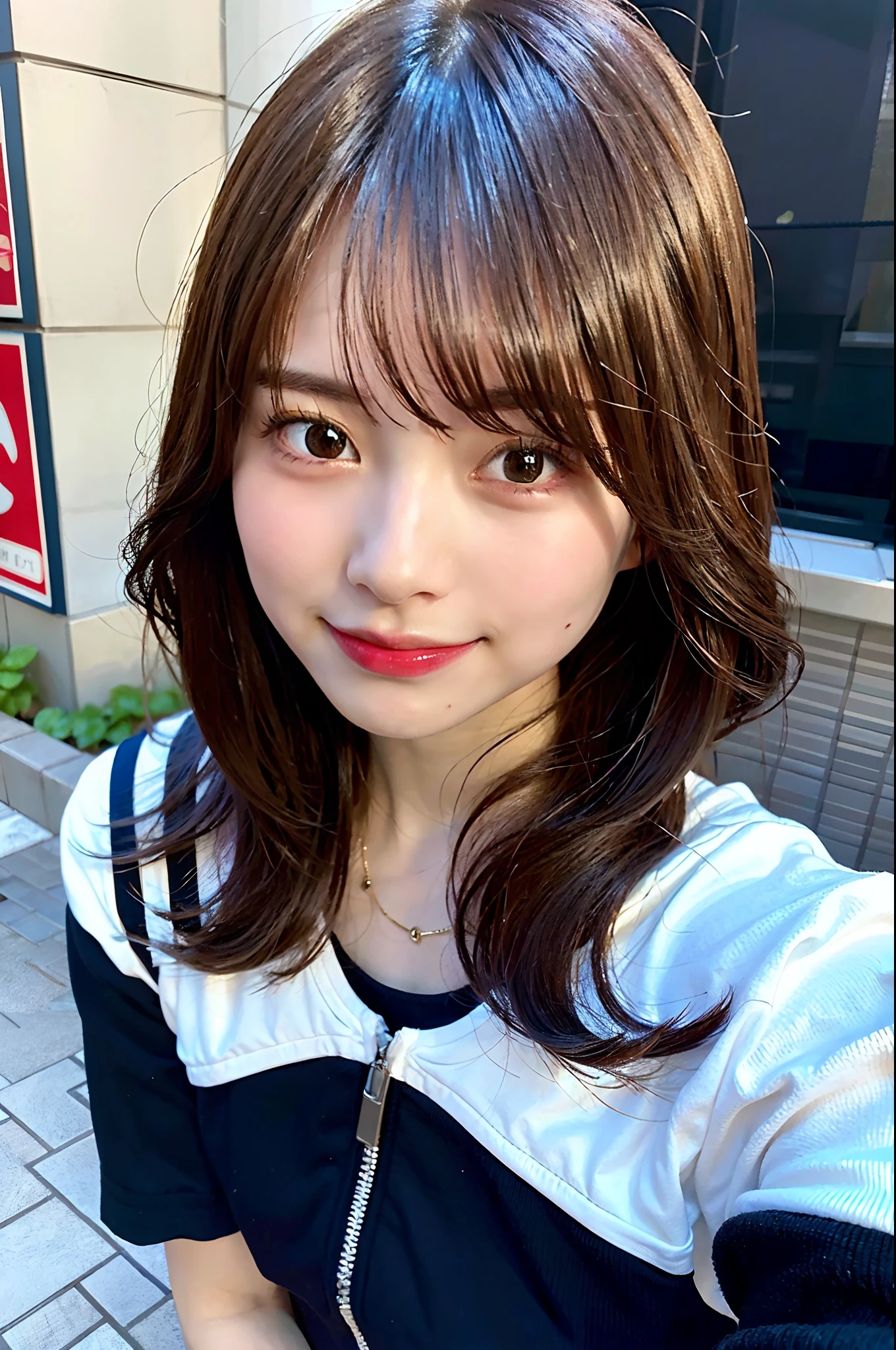masterpiece, highest quality, highest quality, Ultra-high resolution, Ultra-high resolution, RAW Photos, Very detailed, Beautiful eyes in every detail,One woman,21-year-old female, Anatomically correct, Textured skin, Realistic, photoRealistic, Award-winning photography, Depth of written boundary, Cinematic lighting, Natural light, brown hair, Thick bangs, curly, Shiny Hair, A smile that shows off white teeth, T-Shirts, Jacket, At the supermarket,