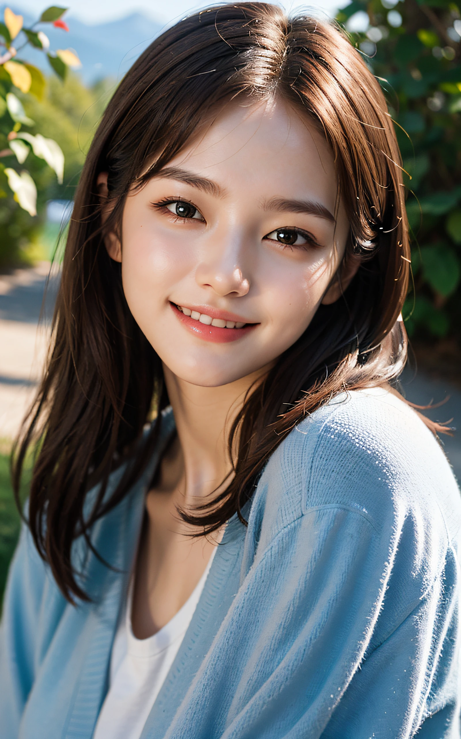 (Masterpiece:1.3), (8k, Photorealistic, RAW Photography, Best Quality: 1.4), soft light, professional lighting, 1girl, , neat and clean beauty, closed mouth, smile, Brown Medium hair, outdoors