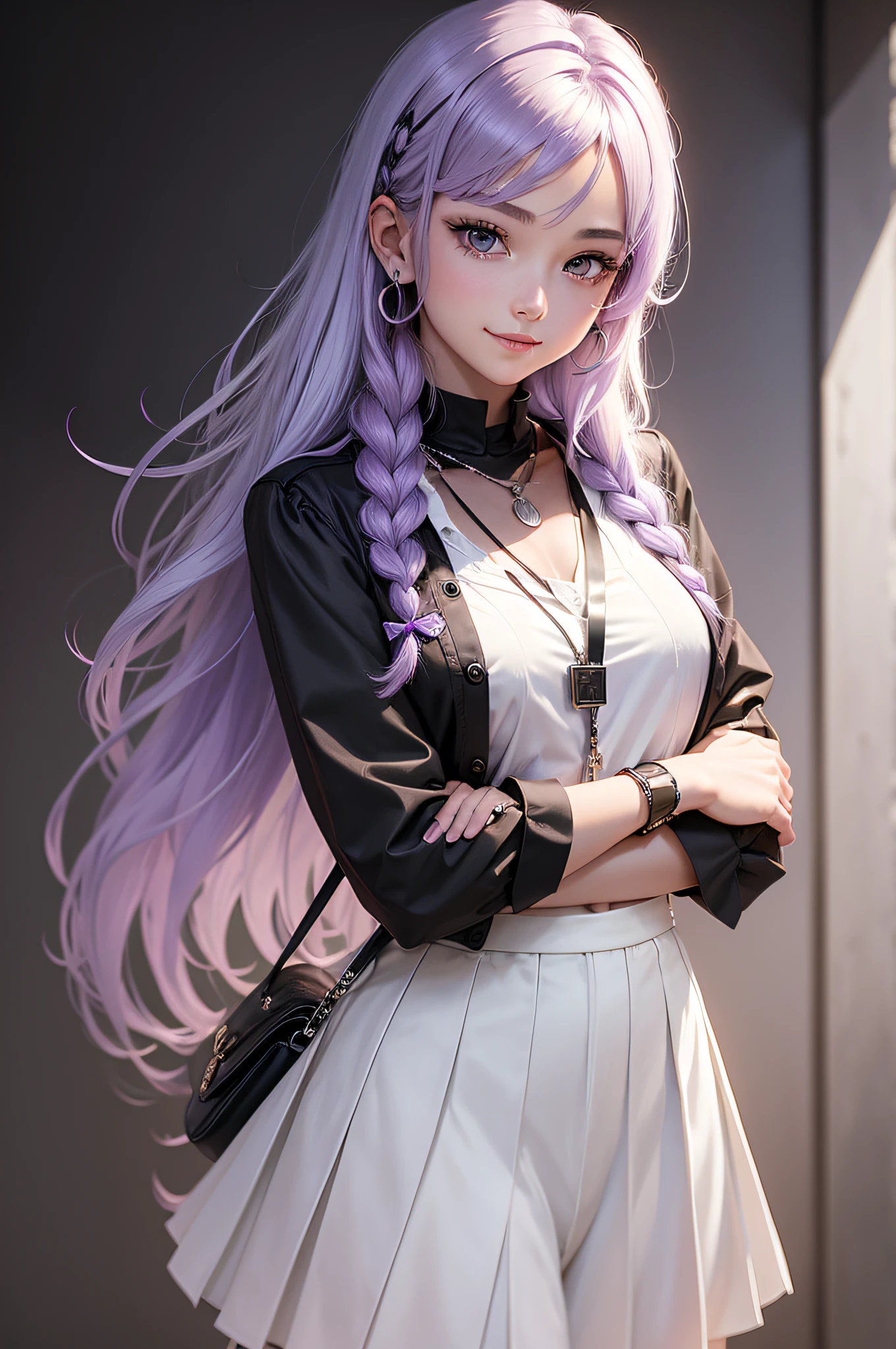 Masterpiece,1girl,solo, light smile, metal necklace, white shirt, modern school uniform, accessories, two-tone hair color in purple and black, unique hairstyle, stylish, black background