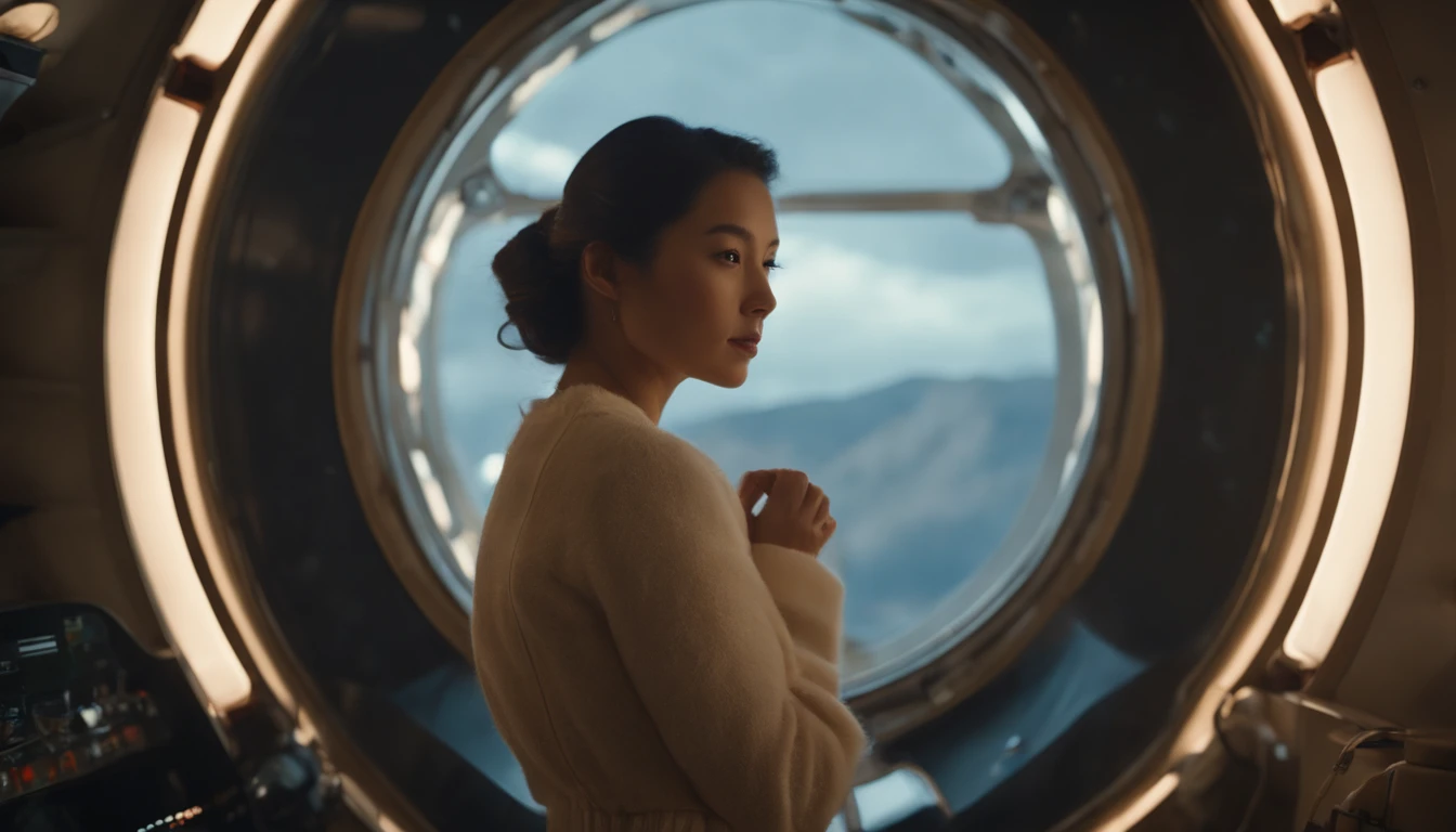 a picture、(Photorealsitic:1.4)、(hyper realisitic:1.4)、(Cinematic:1.5)、Woman in her 20s、A Japanese Lady、weightless、Hair flutters、Inside the spacecraft、Complex wiring、makina、Large round windows、Earth outside the window、
