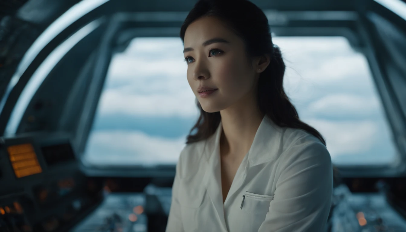 a picture、(Photorealsitic:1.4)、(hyper realisitic:1.4)、(Cinematic:1.5)、Woman in her 20s、A Japanese Lady、weightless、Hair flutters、Inside the spacecraft、Complex wiring、makina、Large round windows、Earth outside the window、