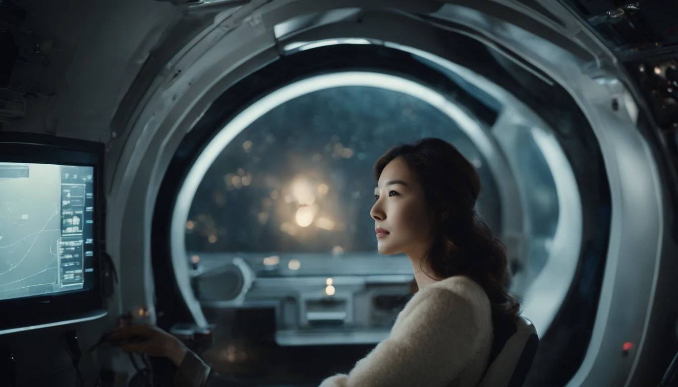 a picture、(Photorealsitic:1.4)、(hyper realisitic:1.4)、(Cinematic:1.5)、Woman in her 20s、A Japanese Lady、weightless、Hair flutters、Inside the spacecraft、Complex wiring、makina、Large round windows、Earth outside the window、