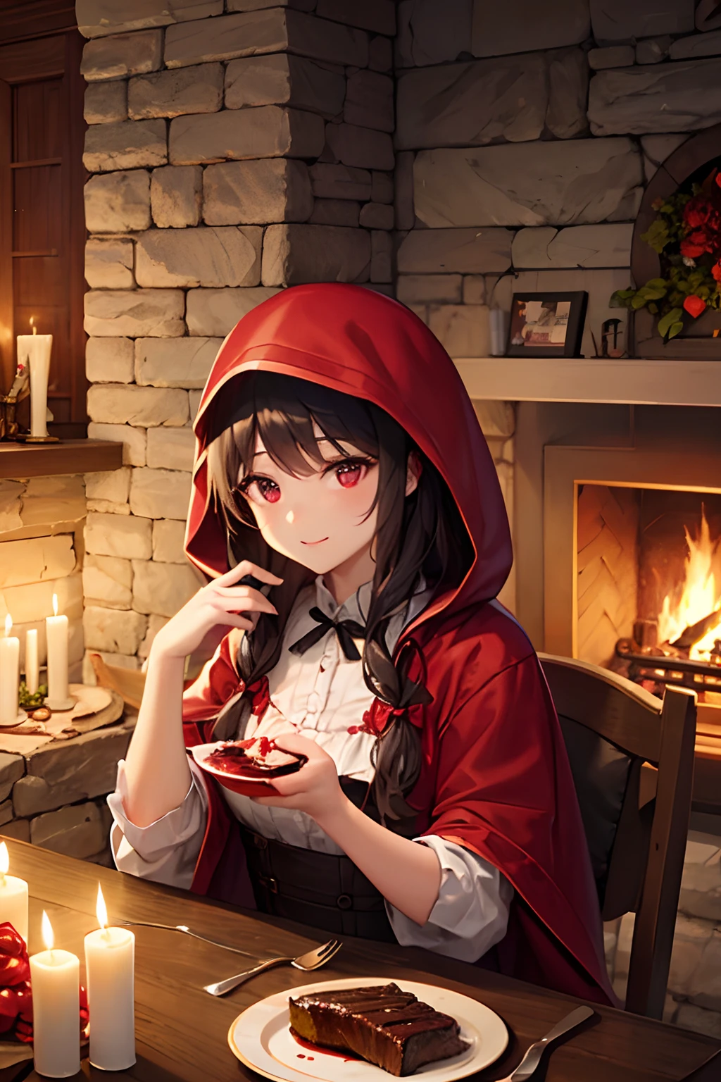 Little Red Riding Hood, fireplace, Dining table, Blood steak, candles, red wine