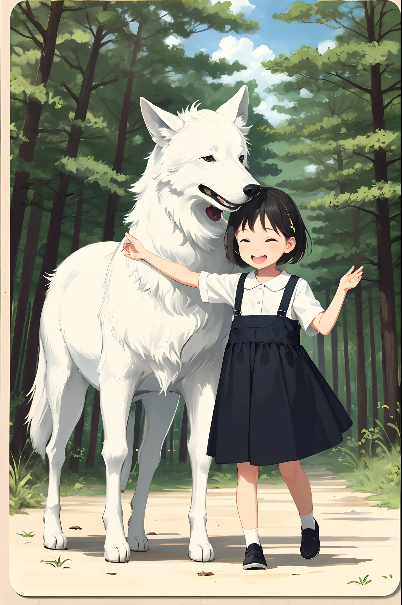 Simple design, Flat design, postcard, greeting card,  girl frolicking with wolves in the forest,