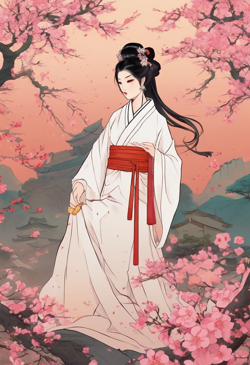 Korea comics, the comic story is presented in multiple irregular panels with color. the girl wore Hanfu, black hair, had her hair in two buns, and held a sword, kneel before the grave, inthe peach blossom season. The style is exaggerated and detailed,classic and sad