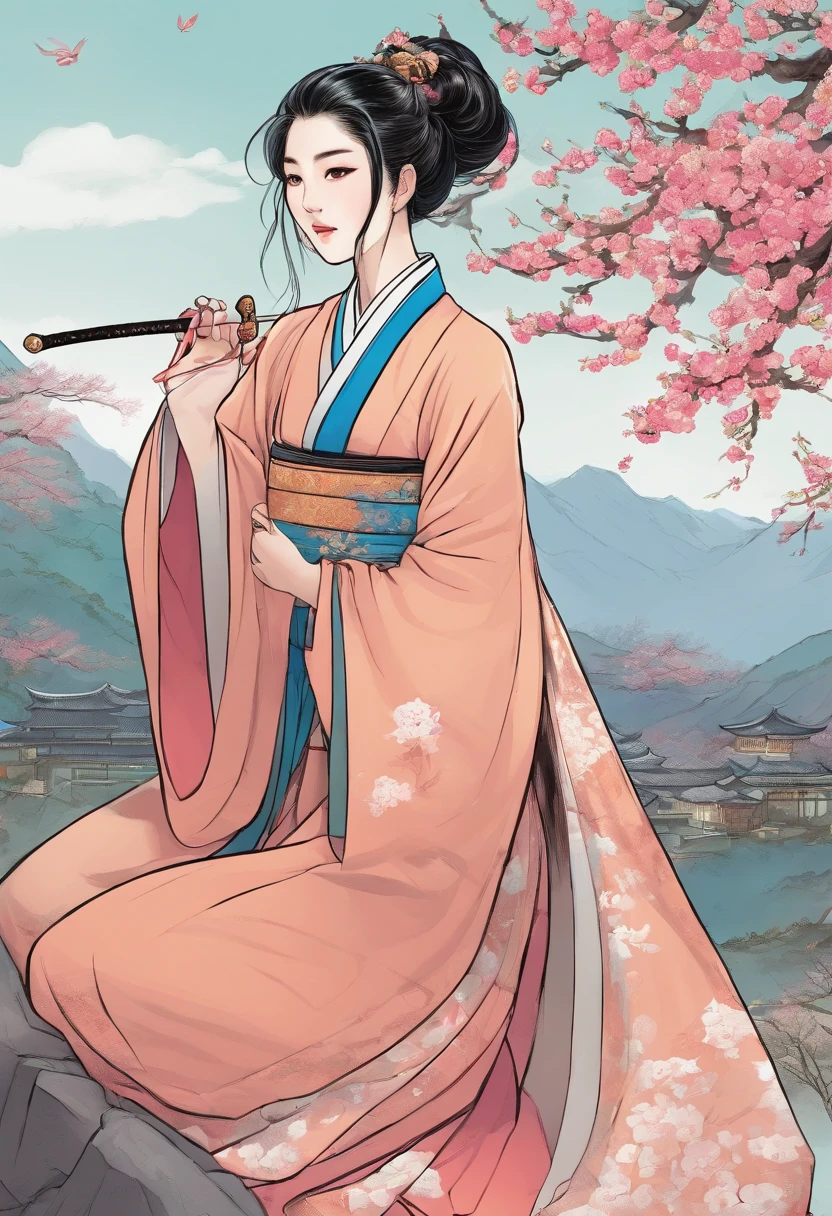 Korea comics, the comic story is presented in multiple irregular panels with color. the girl wore Hanfu, black hair, had her hair in two buns, and held a sword, kneel before the grave, inthe peach blossom season. The style is exaggerated and detailed,classic and sad