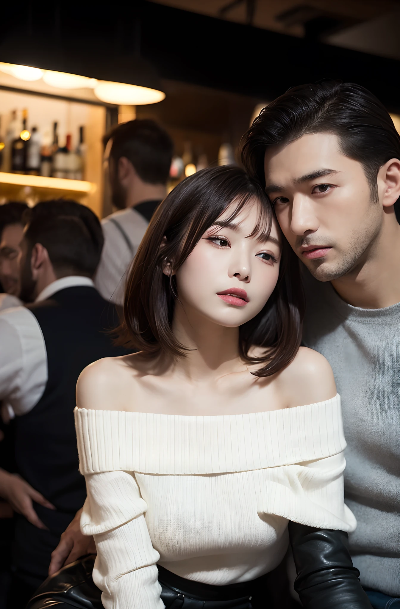(two male、1 female:1.5)、(Woman leaning on man:1.6)、(masutepiece:1.5)、(top-quality:1.5)、(16k wallpaper:1.2)、(Photorealsitic:1.2)、(ultra-detailliert:1.2)、(超A high resolution:1.2)、super-detaild skin、Detailed and clean eyes、Sitting inside a bar at night、Natural Color Lip、(spreading legs:1.3)、(pantyshot:1.3)、(White off-shoulder knit:1.2)、Black leather miniskirt and knee-length boots、Semi-long bob hair、large full breasts、(Crowd of men:1.3)、drinking cocktail、Seen from below、Closing both eyes
