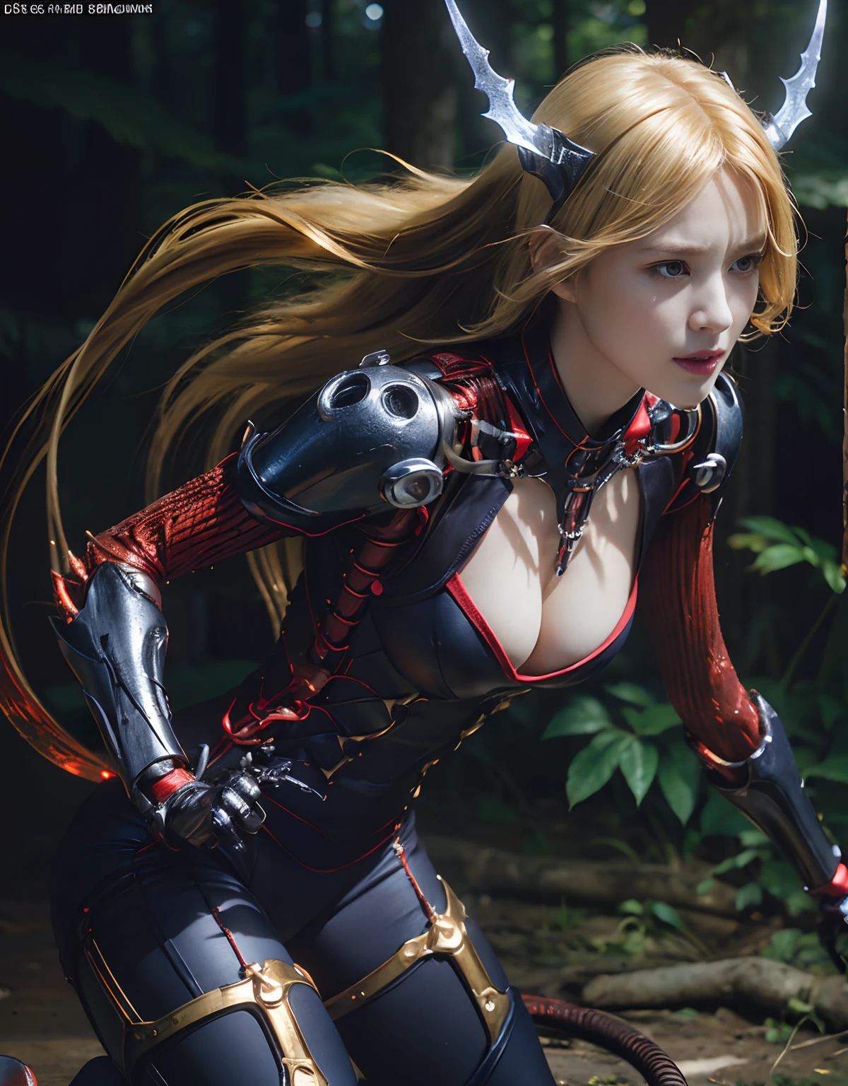 ((Fighting Demonic Beasts))、top-quality、​masterpiece、超A high resolution、(Photorealsitic:1.4)、Raw photo、1人、Golden hair、glowy skin、(((1 Mechanical Girl)))、With a beautiful knife、（Blue Metal Bodysuit）、(beautiful forest background)、(Fighting Demonic Beasts)、(Small LED)、((super realistic details))、portlate、(Strong giant demon beast background),globalillumination、Shadow、octan render、8K、ultrasharp、Colossal tits、Raw skin is exposed in cleavage、metals、Details of complex ornaments、Japan details、highly intricate detail、Realistic light、CGSoation Trends、Red Eyes、radiant eyes、Facing the camera、neon details、(Mechanical limbs)、(blood vessels connected to tubes)、Mechanical vertebrae attached to the back、mechanical cervical attaching to neck、(Wires and cables connecting to the head)、Gundam、Small LED、,Mechanical thighs、Toostock、（Hands are also made of machines）、（Attack of the Monster Beasts）、（Wounded in a deadly battle）、