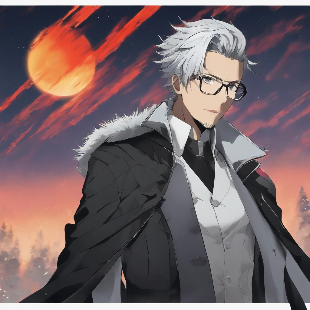 (wearing a black trench coat with grey fur trim), black pants+, color, (bandolier under coat)+, older adult++, profile picture++, apocalyptic attire, brown hair, (swept to the side hairstyle)++++, male, night sky++, (forest in background), lonely, alone+, anime, shading++++, masterpiece, best quality++++++, (best quality)+, scars, masterpiece+, (rough appearance)+++, (faceplates on side of face)+++, (thick rim glasses)++, (silver eyes), lighting++++, fallout, facing viewer++++