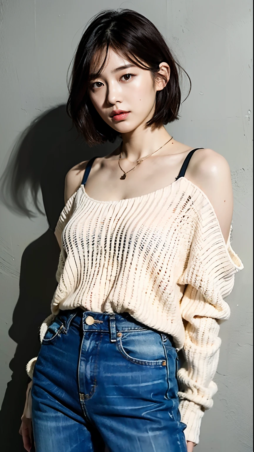 (top-quality、8k、32k、​masterpiece)、Photo of a cute Japanese woman、large full breasts、very short bobbed hair、The upper part of the body、sface focus、oversized_sweater、a necklace、simple background、From  above、looking at the viewers、Full body shooting、denim pant、Shoulders look loose、beauty legs、ultra-sexy、ren