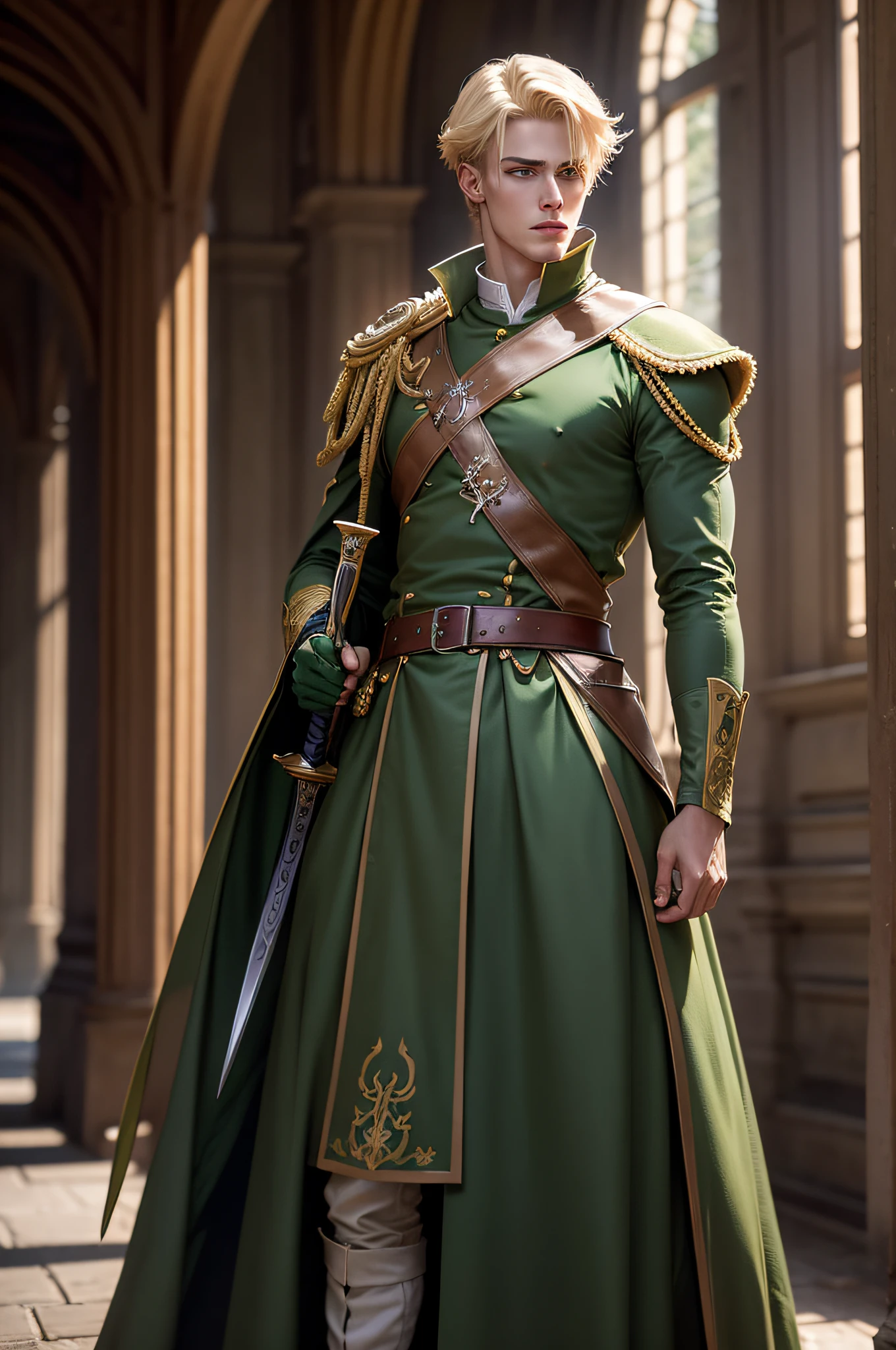 Neels Visser is a prince who has golden blond hair, wears a moss green medieval military outfit, looking straight ahead with a piercing emerald green gaze. full body with a sword at the waist